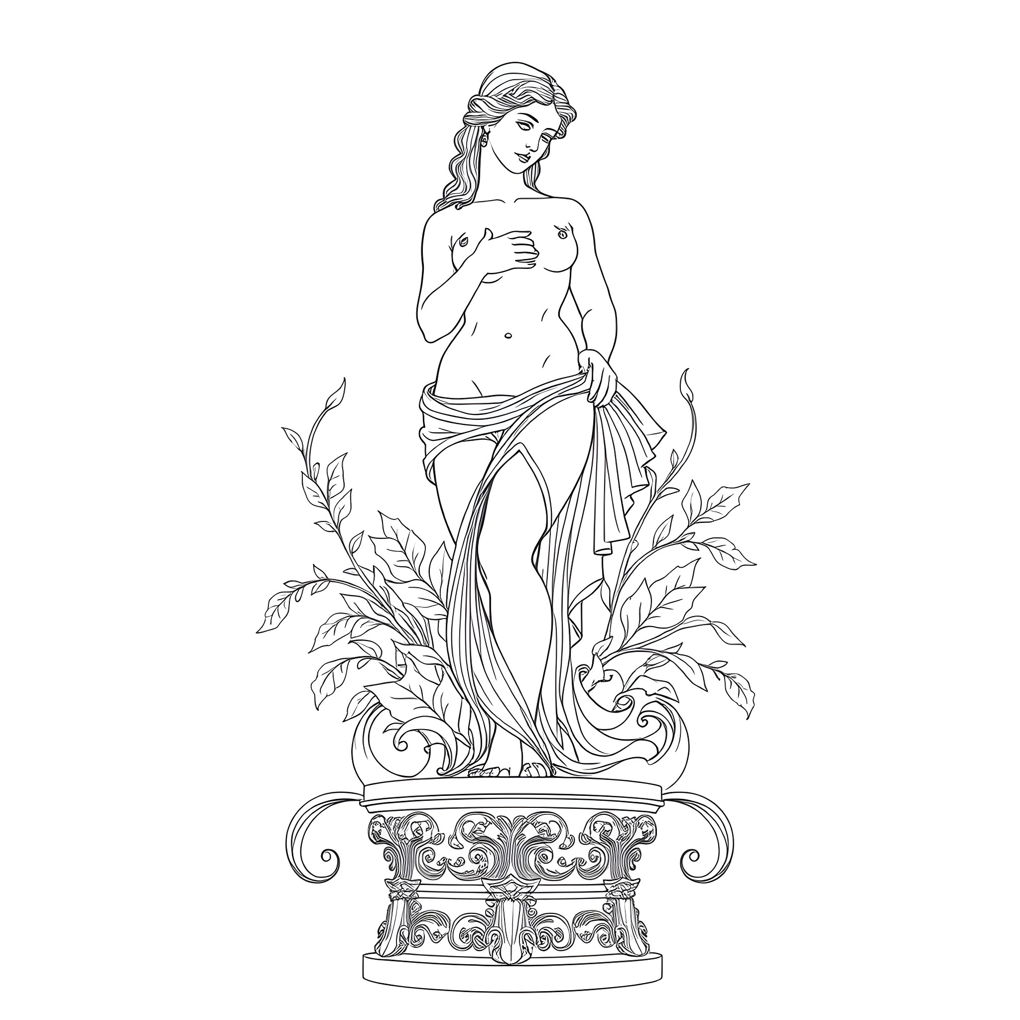 Woman in classical attire standing on ornate pedestal Coloring Page (free black-and-white line drawing printable PDF for all, from beginners to advanced learners, including children, teens, adults, and seniors)