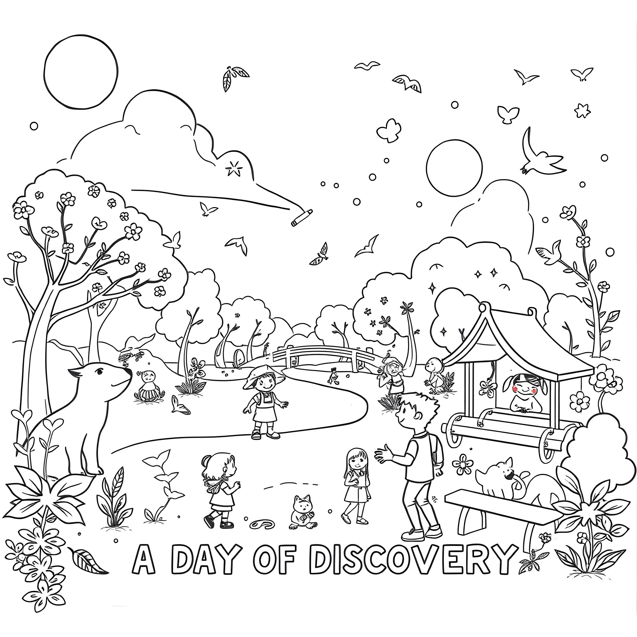 Zoo of Discovery with Playful Animals and Humans Coloring Page (free black-and-white line drawing printable PDF for all, from beginners to advanced learners, including children, teens, adults, and seniors)