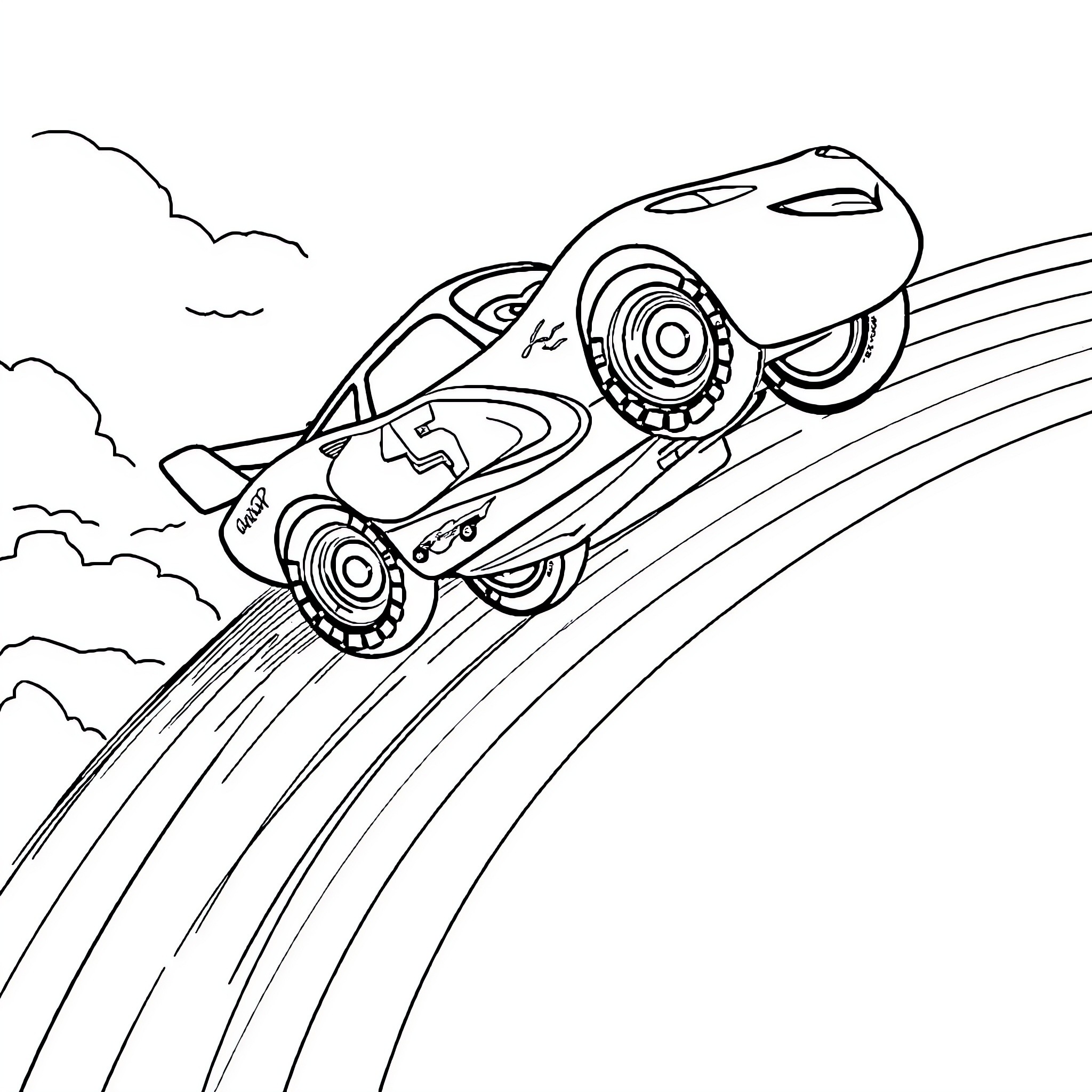 Lightning McQueen racing on the track Coloring Page (free black-and-white line drawing printable PDF for all, from beginners to advanced learners, including children, teens, adults, and seniors)