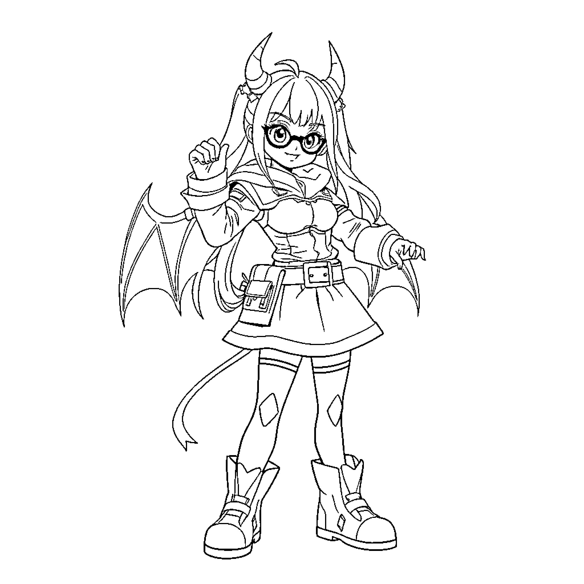 Rumi the Winged Adventurer in Unique Attire Coloring Page (free black-and-white line drawing printable PDF for all, from beginners to advanced learners, including children, teens, adults, and seniors)