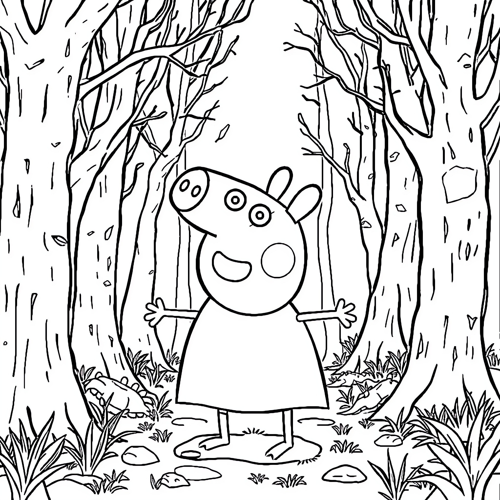 Peppa Pig enjoying a walk in the forest Coloring Page (free black-and-white line drawing printable PDF for all, from beginners to advanced learners, including children, teens, adults, and seniors)