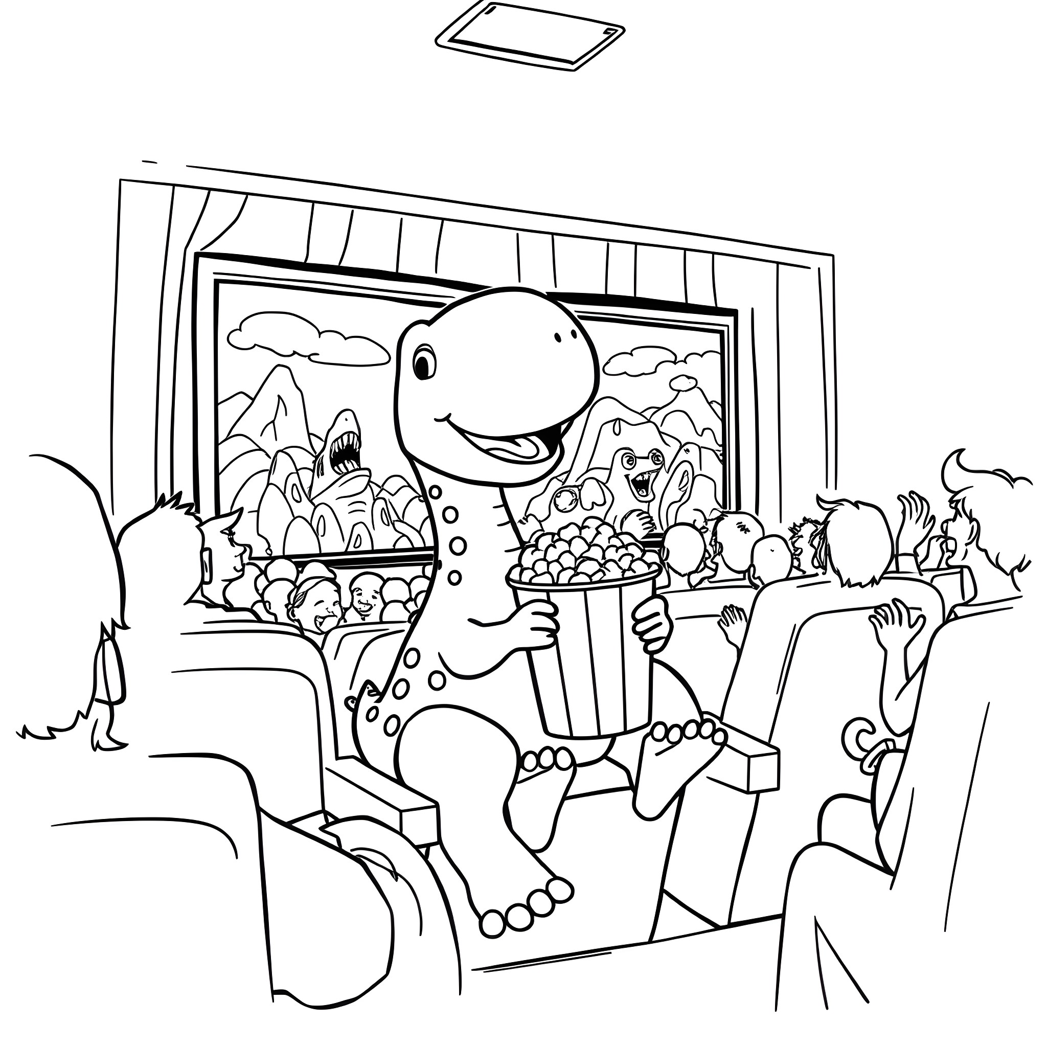Dinosaur performing on stage for audience Coloring Page (free black-and-white line drawing printable PDF for all, from beginners to advanced learners, including children, teens, adults, and seniors)