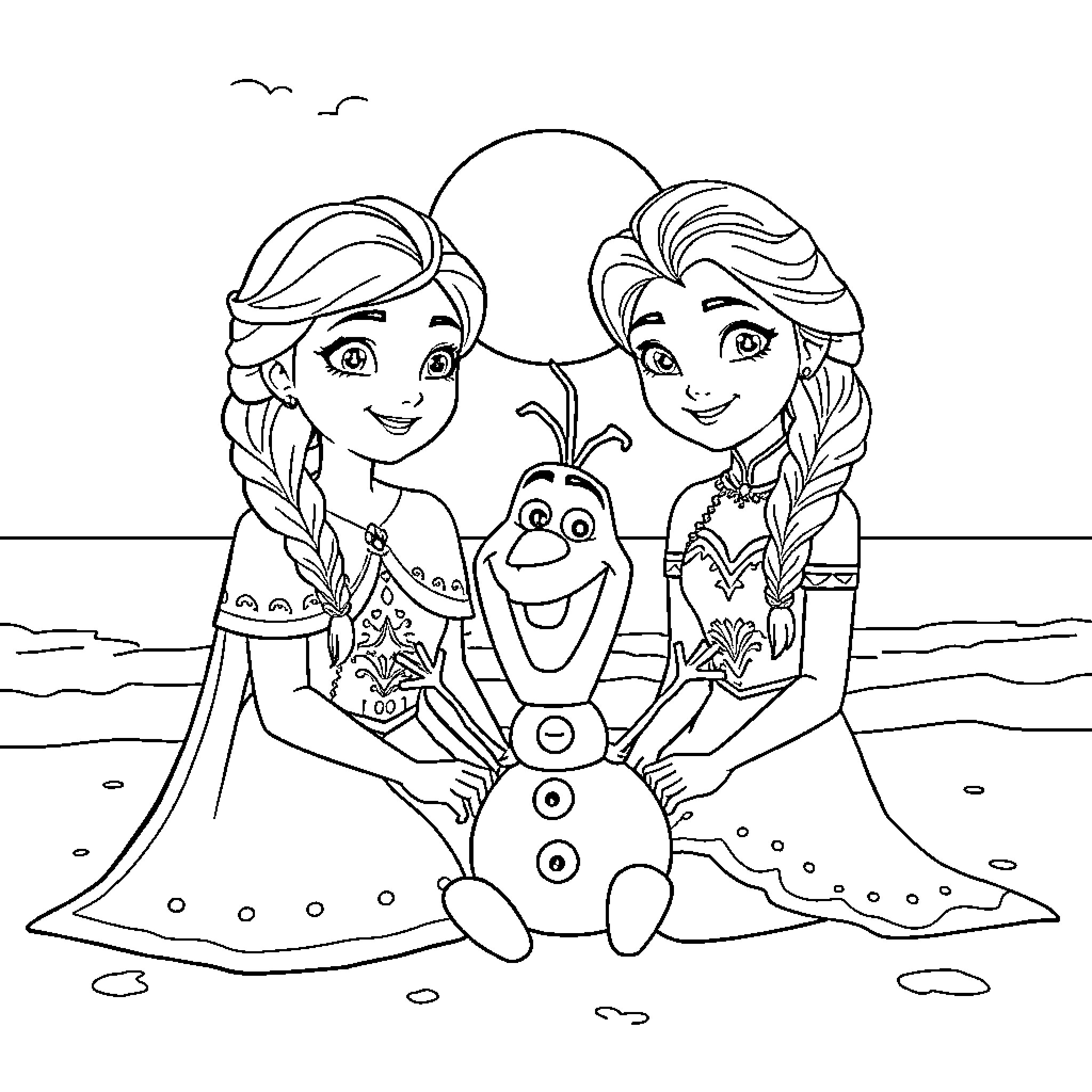 Cookie friends enjoying beach adventure with Olaf Coloring Page (free black-and-white line drawing printable PDF for all, from beginners to advanced learners, including children, teens, adults, and seniors)