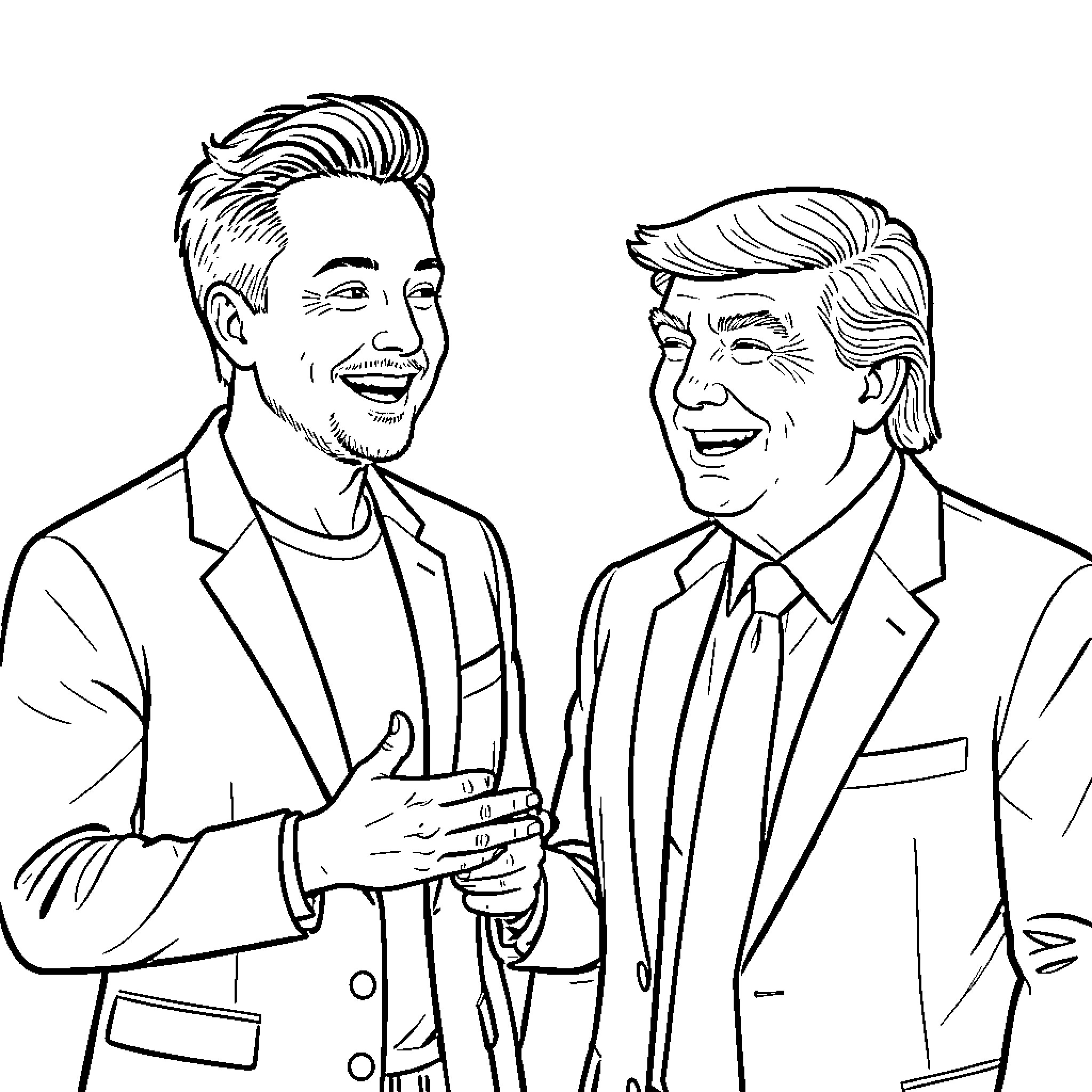 Elon Musk and Donald Trump in Business Meeting Coloring Page (free black-and-white line drawing printable PDF for all, from beginners to advanced learners, including children, teens, adults, and seniors)