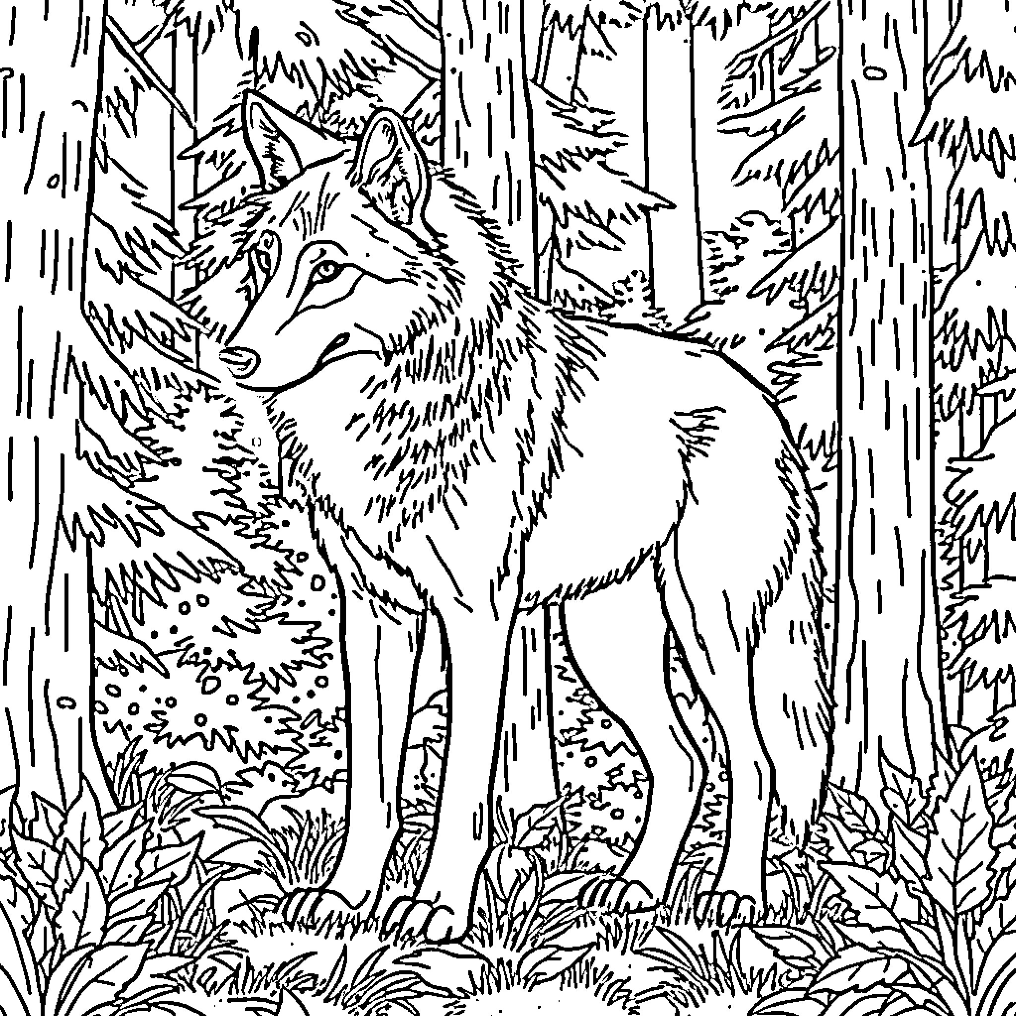 Wolf exploring the forest Coloring Page (free black-and-white line drawing printable PDF for all, from beginners to advanced learners, including children, teens, adults, and seniors)