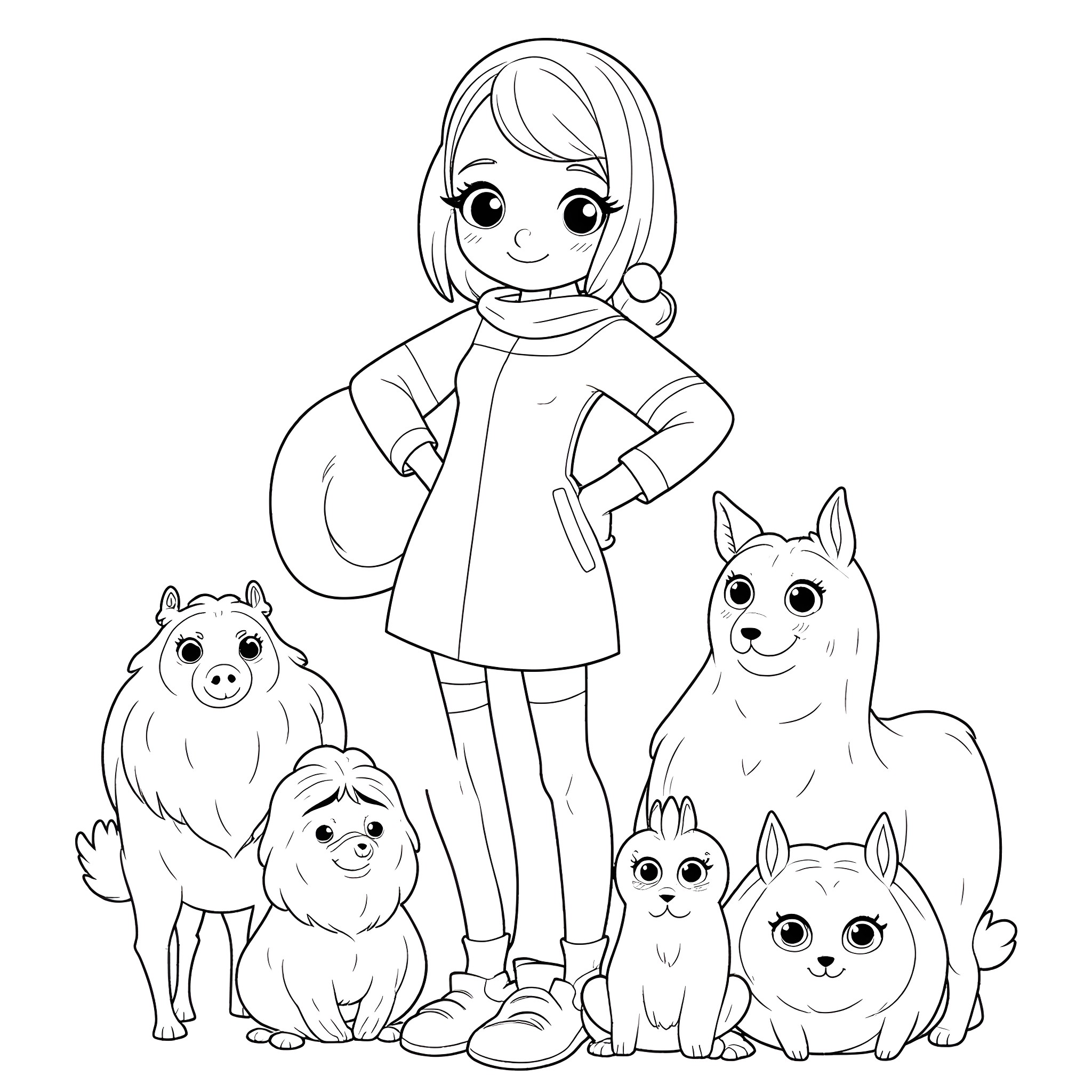 Bini Aiah and her adorable animal companions Coloring Page (free black-and-white line drawing printable PDF for all, from beginners to advanced learners, including children, teens, adults, and seniors)