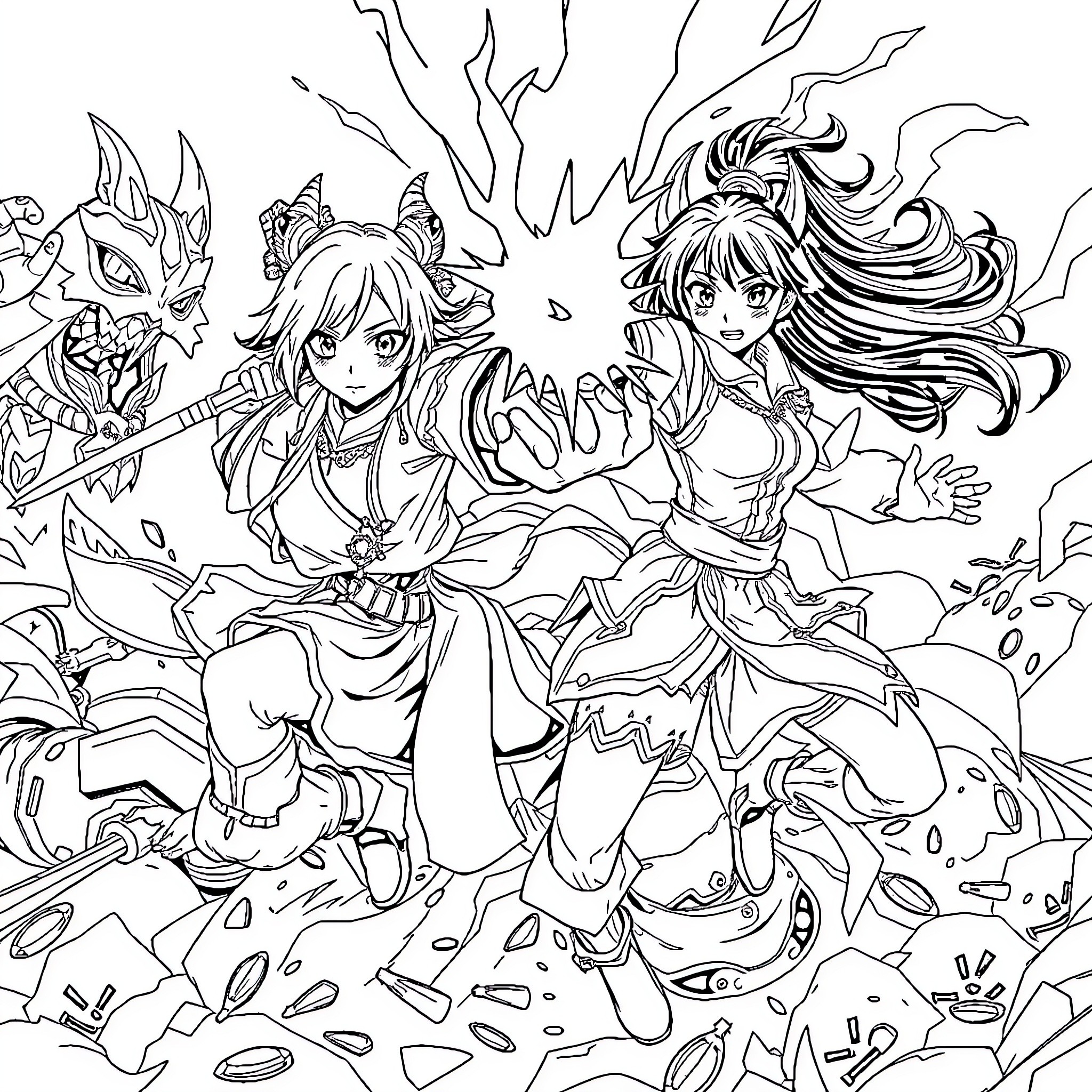 Nezuko battling alongside a mysterious companion Coloring Page (free black-and-white line drawing printable PDF for all, from beginners to advanced learners, including children, teens, adults, and seniors)