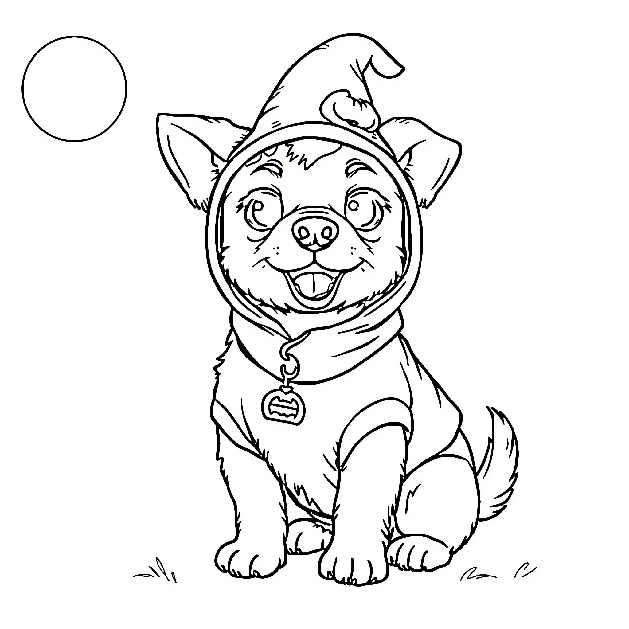 Dog wearing a happy costume Coloring Page (free black-and-white line drawing printable PDF for all, from beginners to advanced learners, including children, teens, adults, and seniors)