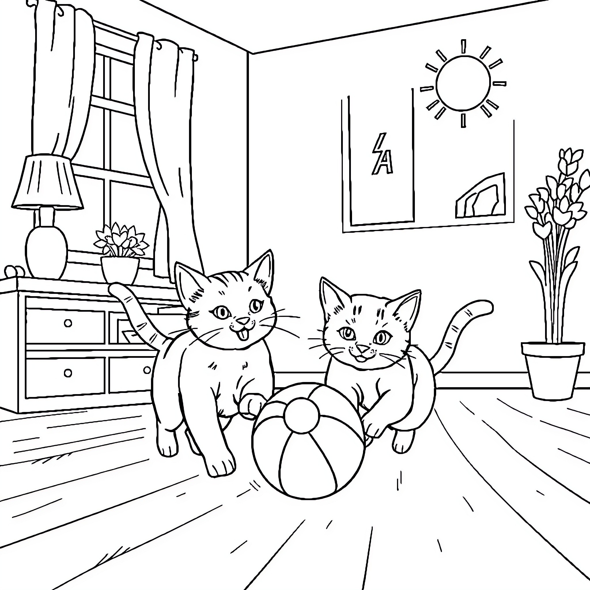 Cats playing with a ball in the room Coloring Page (free black-and-white line drawing printable PDF for all, from beginners to advanced learners, including children, teens, adults, and seniors)