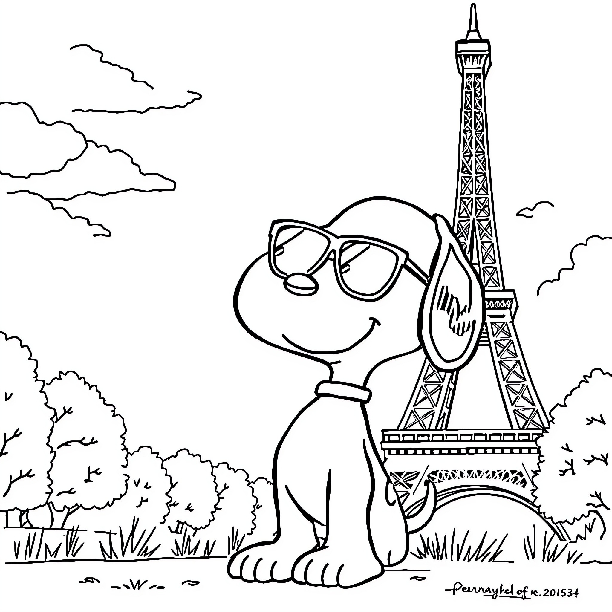 Snoopy enjoying the sights of Paris Coloring Page (free black-and-white line drawing printable PDF for all, from beginners to advanced learners, including children, teens, adults, and seniors)