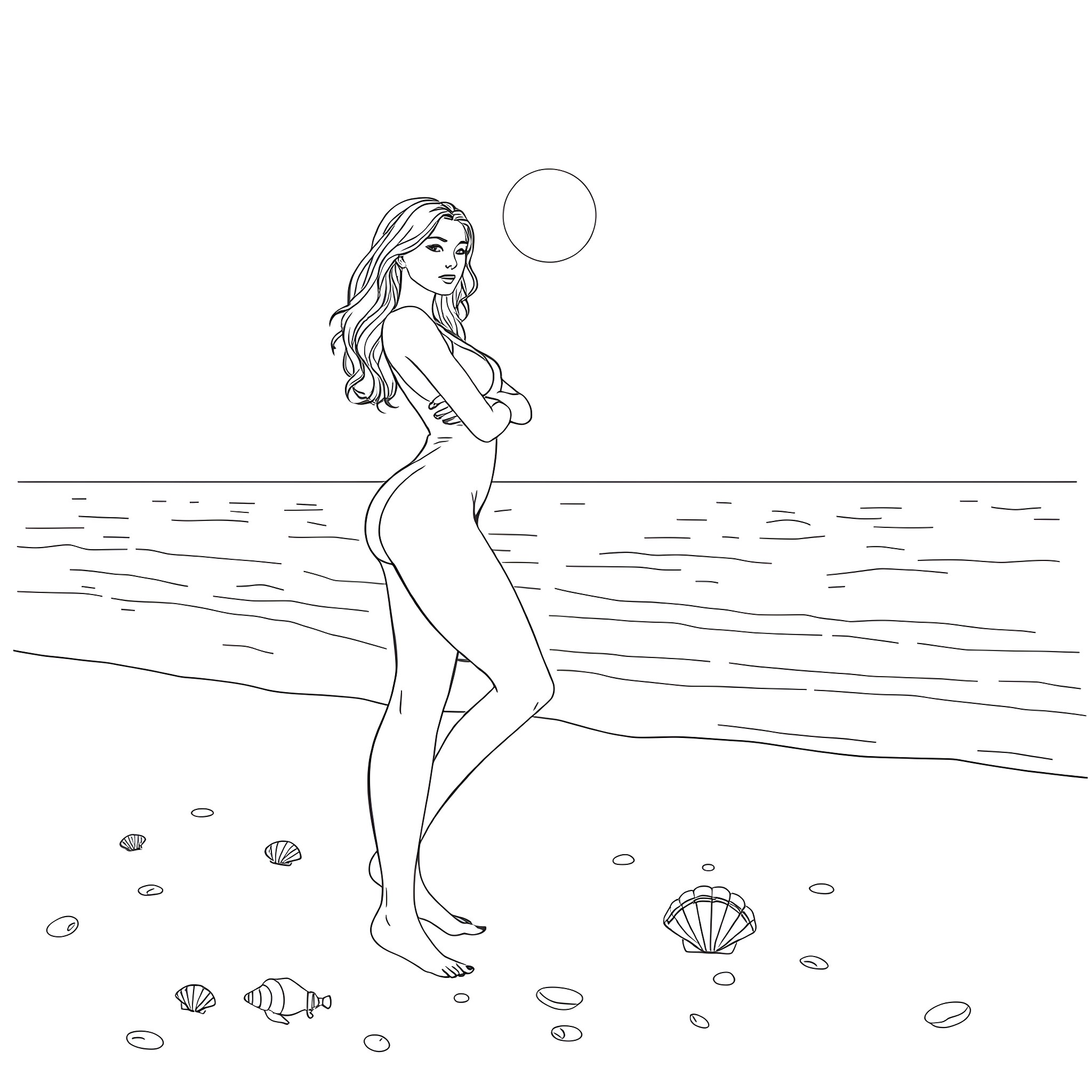 Woman in Serene Beach Scene Coloring Page (free black-and-white line drawing printable PDF for all, from beginners to advanced learners, including children, teens, adults, and seniors)