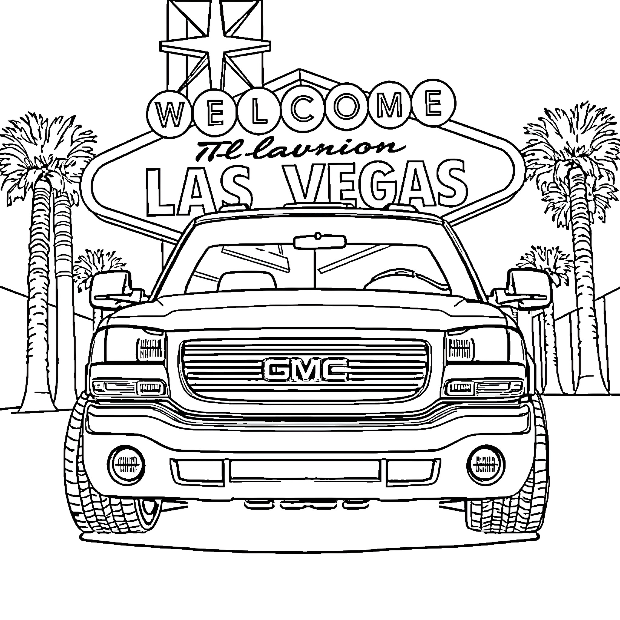 Gmc truck arriving at the Las Vegas welcome sign Coloring Page (free black-and-white line drawing printable PDF for all, from beginners to advanced learners, including children, teens, adults, and seniors)