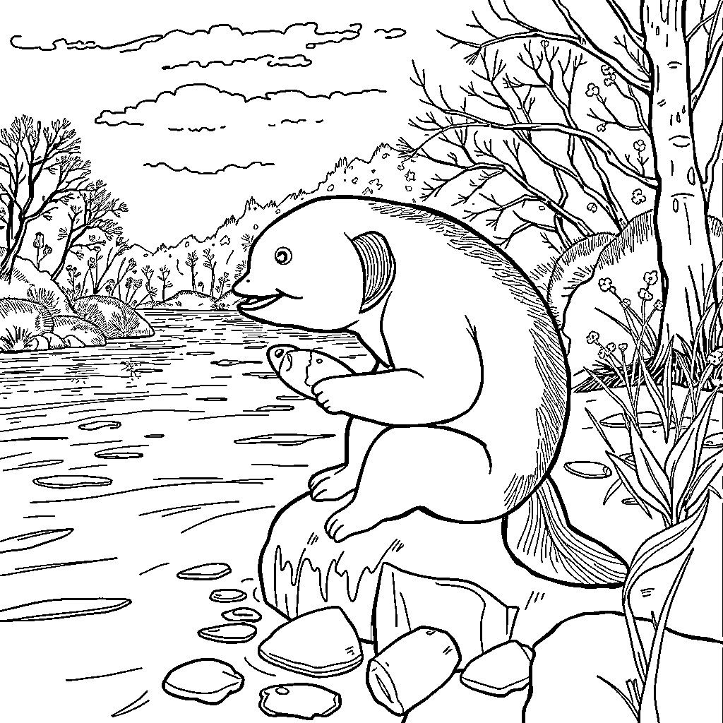 Bear fishing in a scenic pond Coloring Page (free black-and-white line drawing printable PDF for all, from beginners to advanced learners, including children, teens, adults, and seniors)