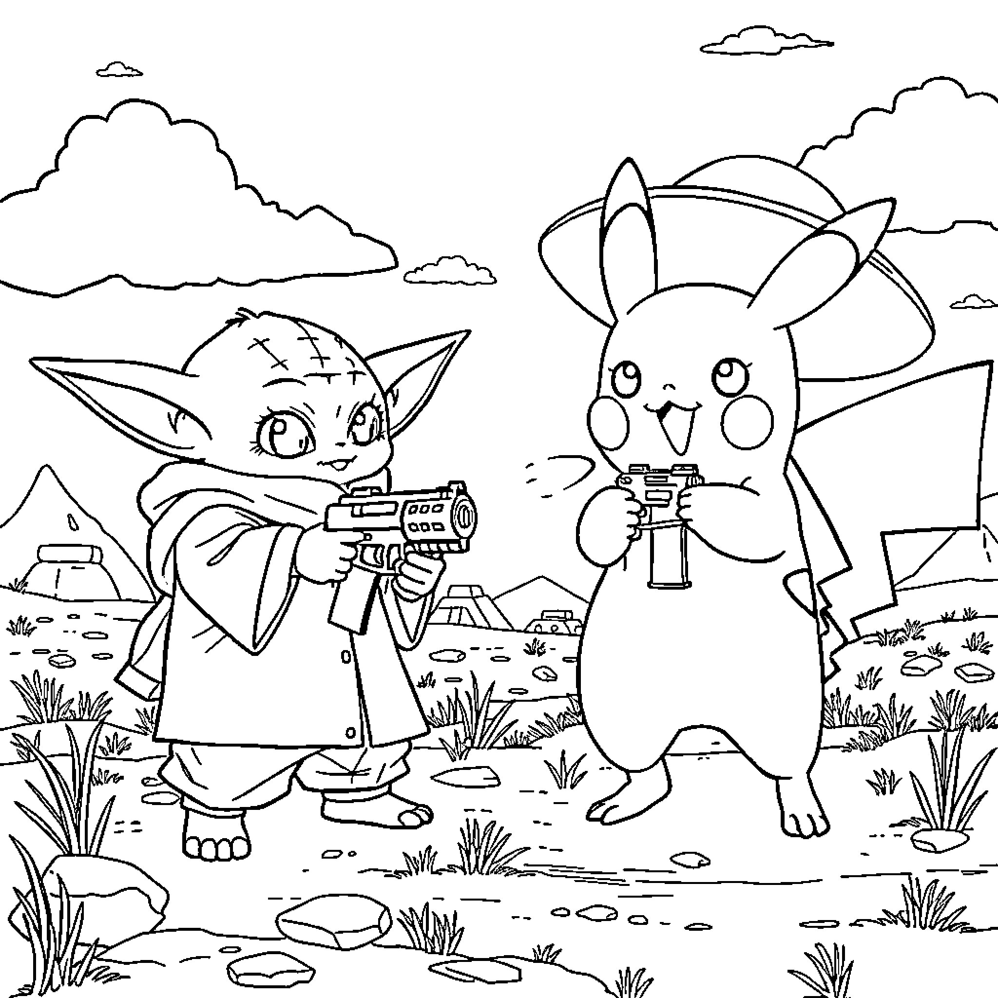 Yoda and Pikachu on an adventure Coloring Page (free black-and-white line drawing printable PDF for all, from beginners to advanced learners, including children, teens, adults, and seniors)