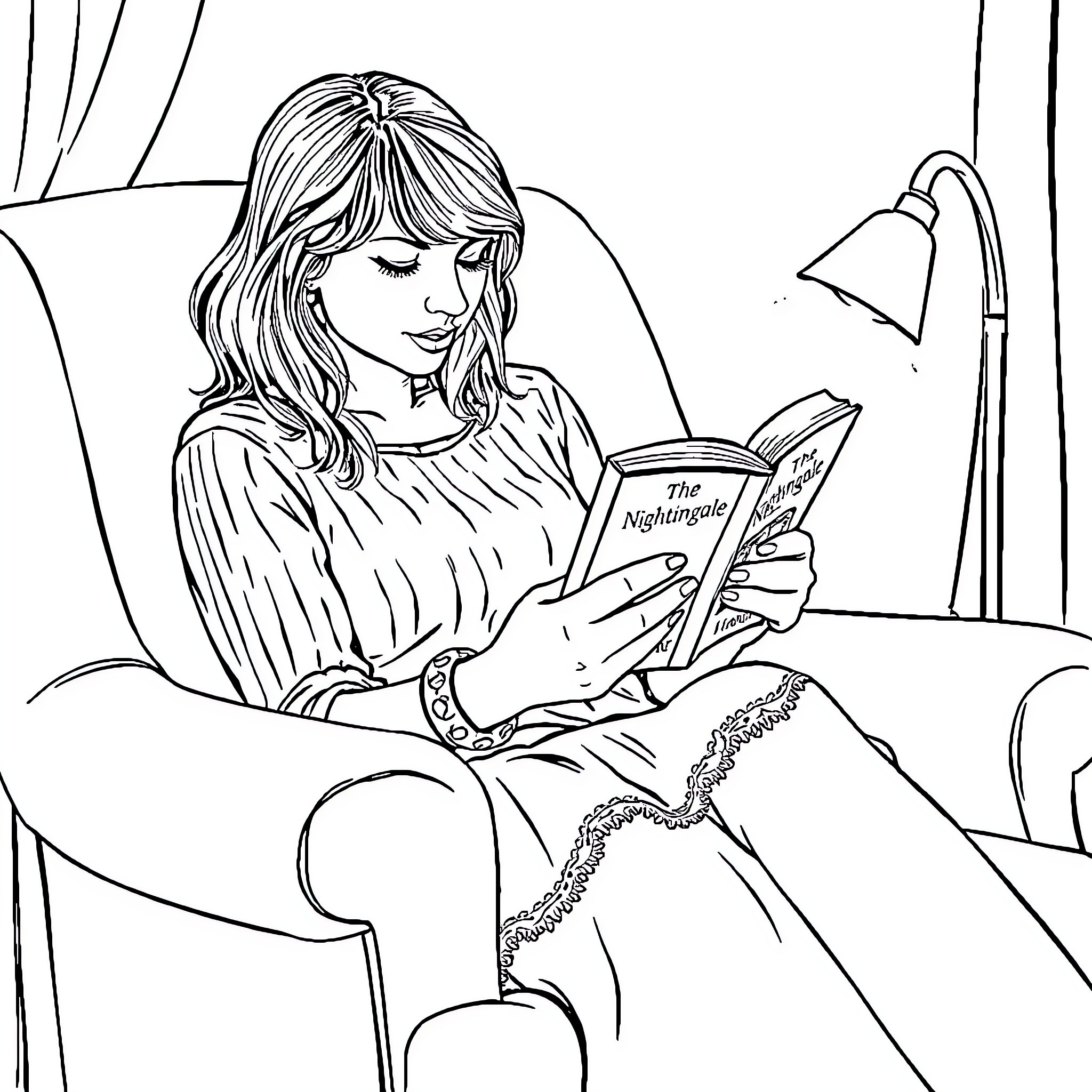 Taylor Swift reading a book in a cozy armchair Coloring Page (free black-and-white line drawing printable PDF for all, from beginners to advanced learners, including children, teens, adults, and seniors)