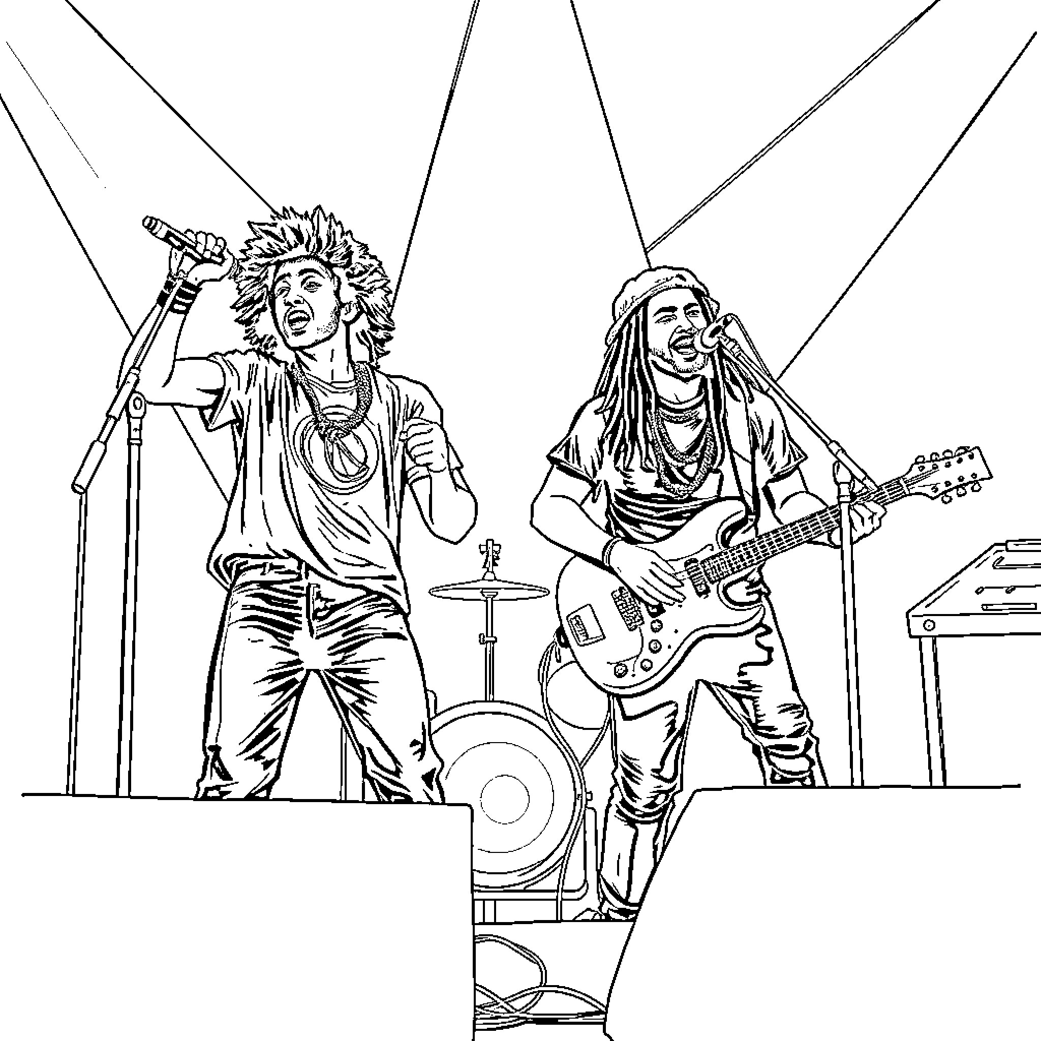 Himra: Energetic Rock Band Performance on Stage Coloring Page (free black-and-white line drawing printable PDF for all, from beginners to advanced learners, including children, teens, adults, and seniors)