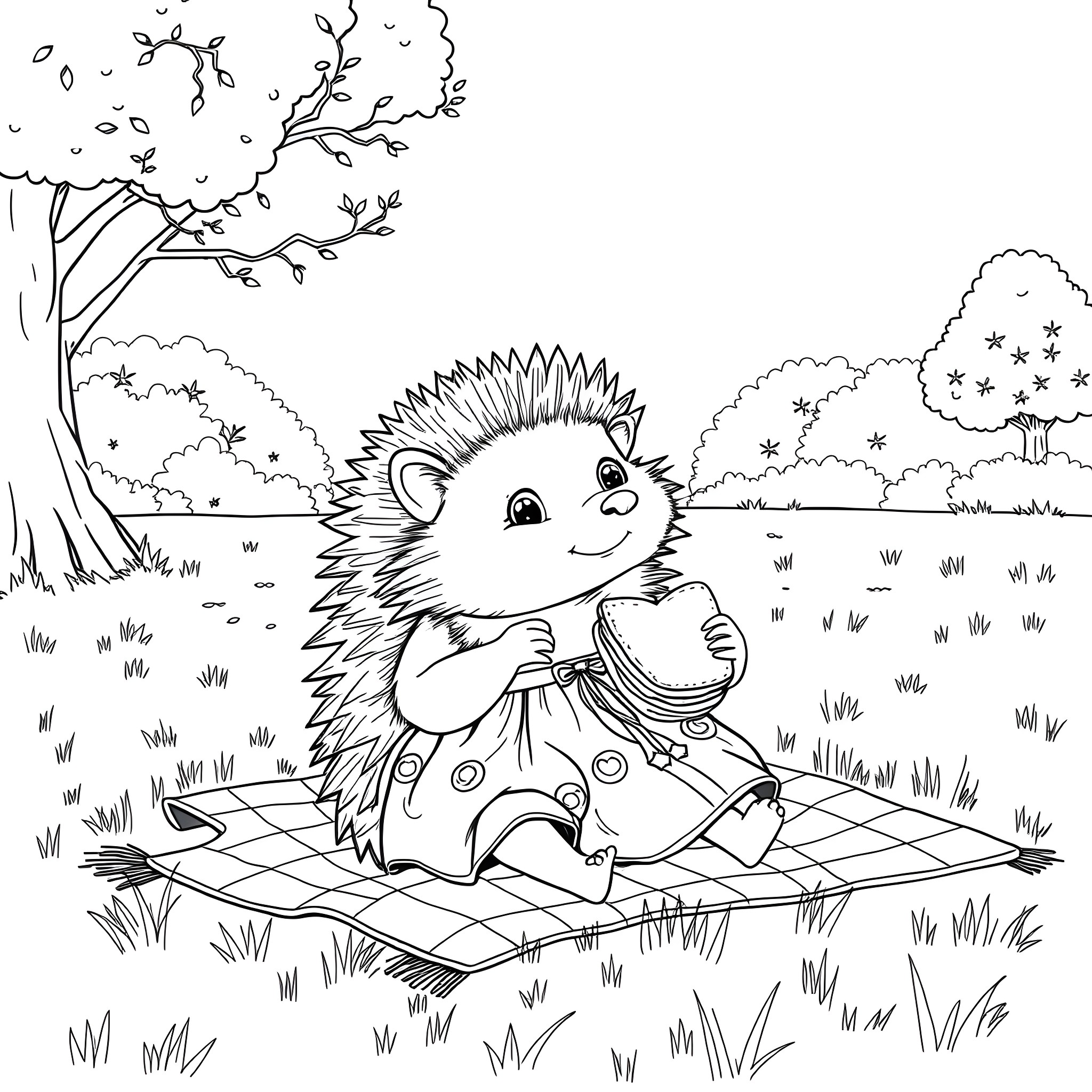 Hedgehog enjoying a picnic in the park Coloring Page (free black-and-white line drawing printable PDF for all, from beginners to advanced learners, including children, teens, adults, and seniors)