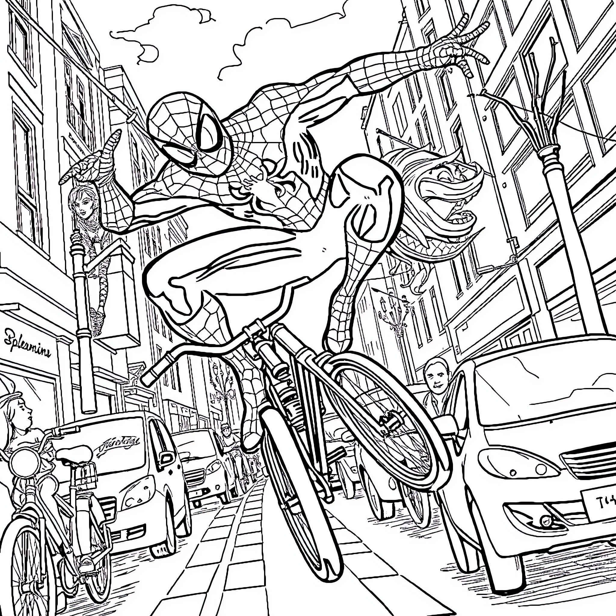 Spiderman swinging through the city streets Coloring Page (free black-and-white line drawing printable PDF for all, from beginners to advanced learners, including children, teens, adults, and seniors)