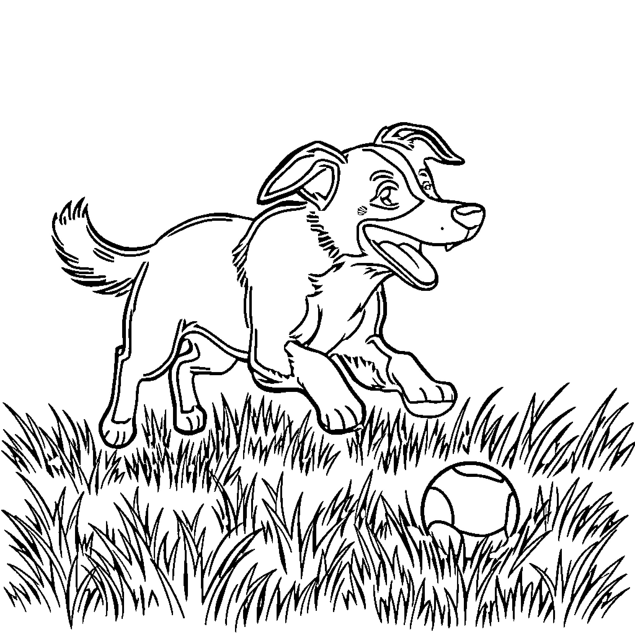 Dog running happily in the grass Coloring Page (free black-and-white line drawing printable PDF for all, from beginners to advanced learners, including children, teens, adults, and seniors)