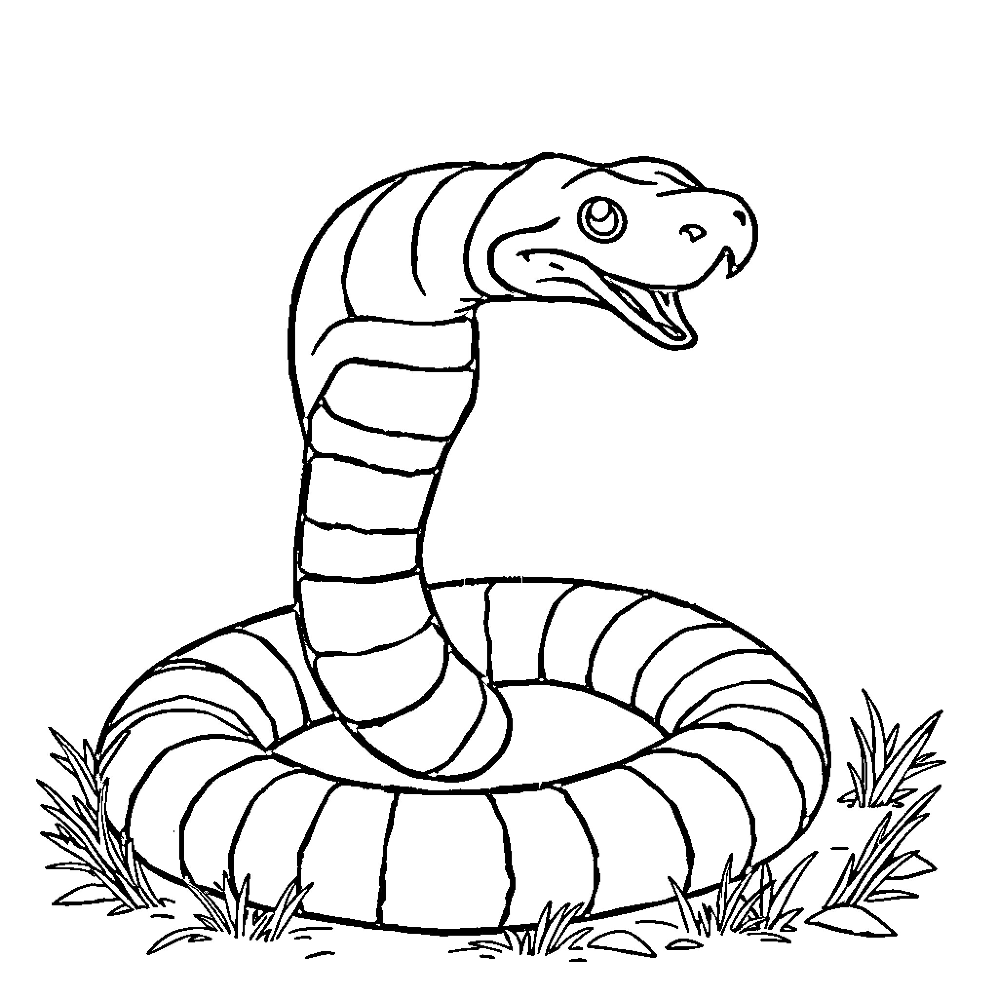 Snake coiled and ready to strike in the grass Coloring Page (free black-and-white line drawing printable PDF for all, from beginners to advanced learners, including children, teens, adults, and seniors)