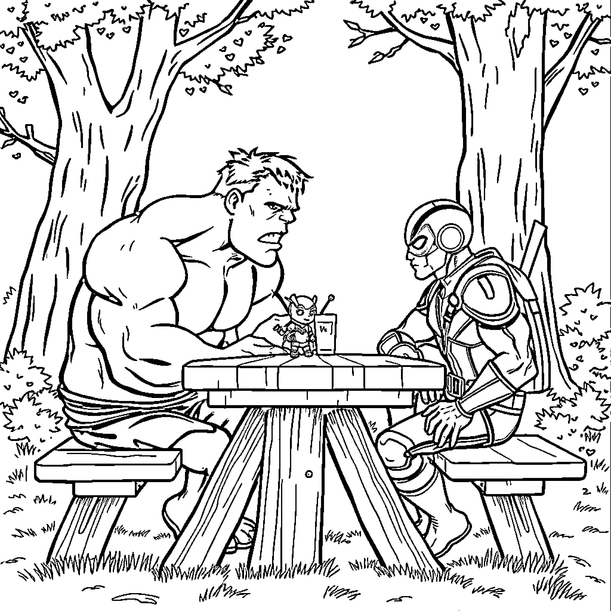 Hulk playing a board game with a robot in the forest Coloring Page (free black-and-white line drawing printable PDF for all, from beginners to advanced learners, including children, teens, adults, and seniors)