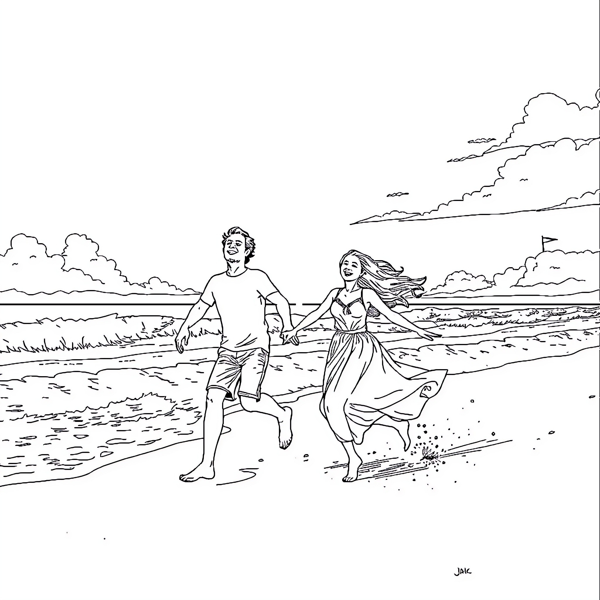 Couple walking on the beach at sunset Coloring Page (free black-and-white line drawing printable PDF for all, from beginners to advanced learners, including children, teens, adults, and seniors)
