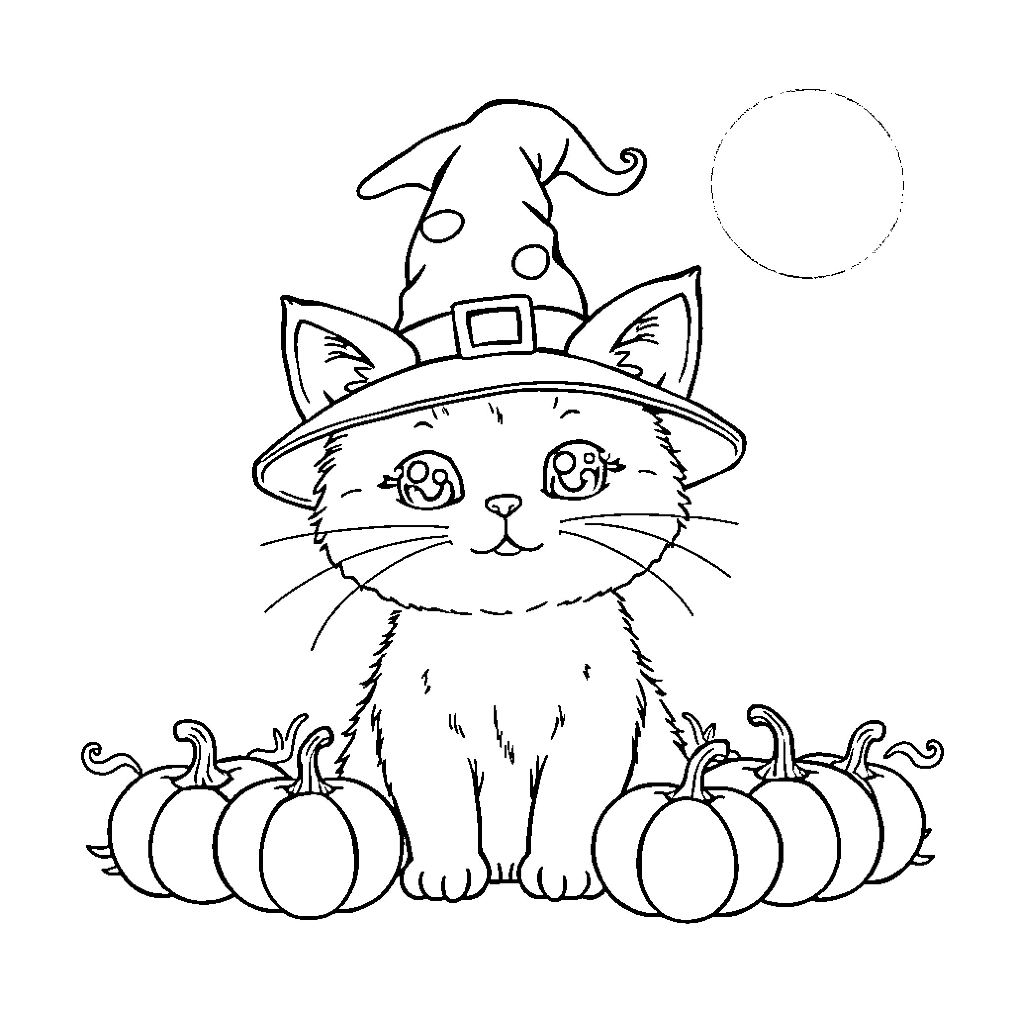 Cat dressed as witch with pumpkins Coloring Page (free black-and-white line drawing printable PDF for all, from beginners to advanced learners, including children, teens, adults, and seniors)