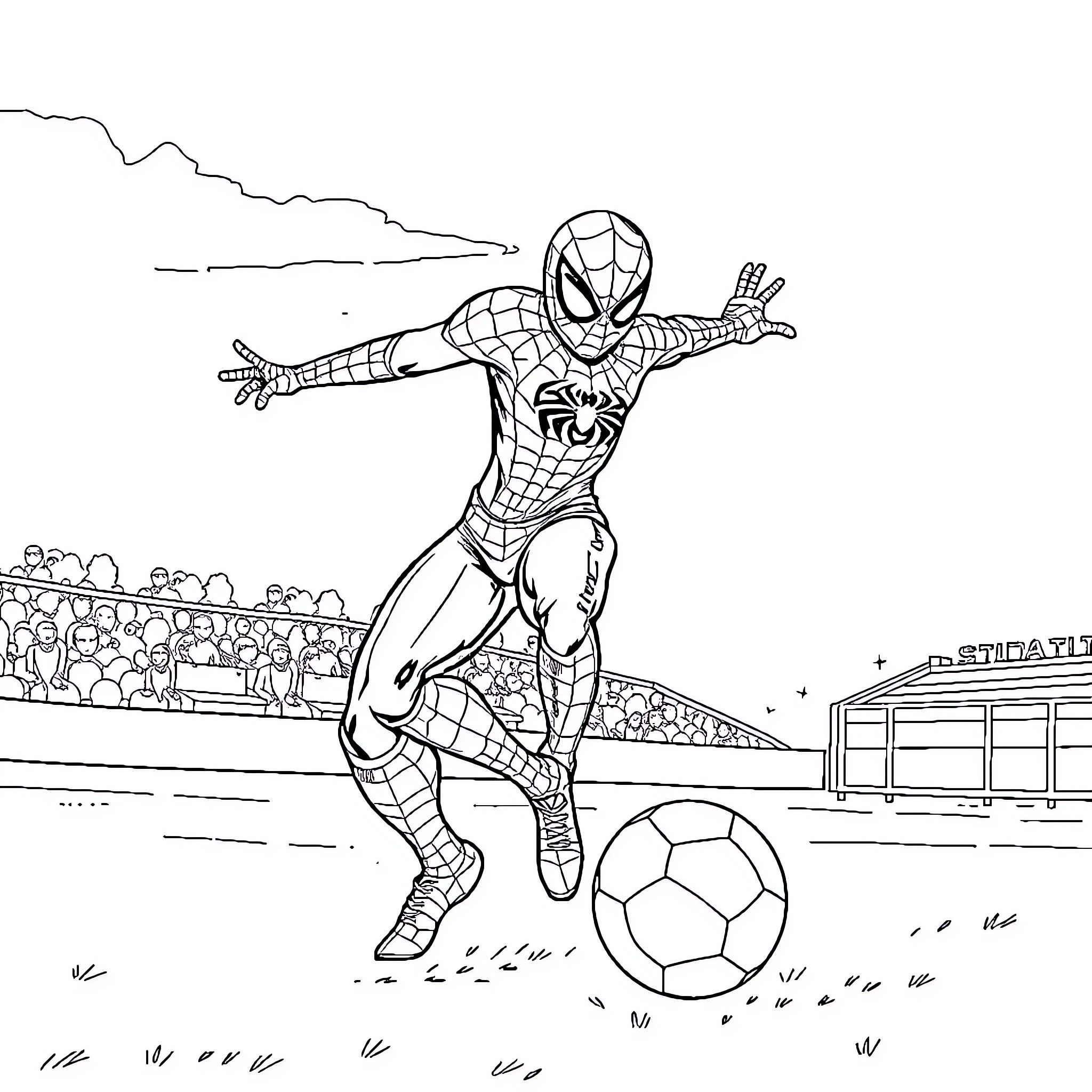Spiderman playing soccer in the stadium Coloring Page (free black-and-white line drawing printable PDF for all, from beginners to advanced learners, including children, teens, adults, and seniors)