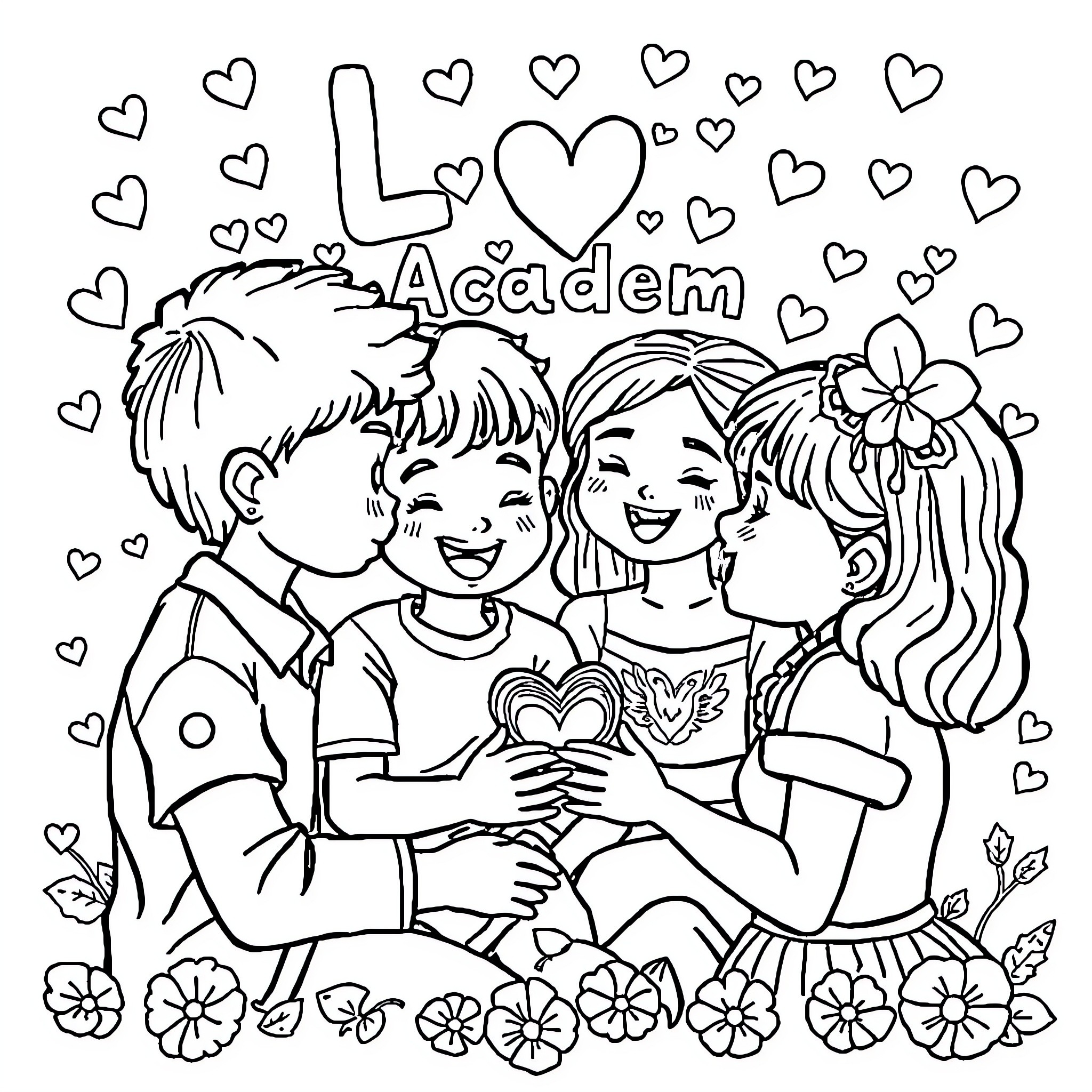 Love and friendship among children Coloring Page (free black-and-white line drawing printable PDF for all, from beginners to advanced learners, including children, teens, adults, and seniors)