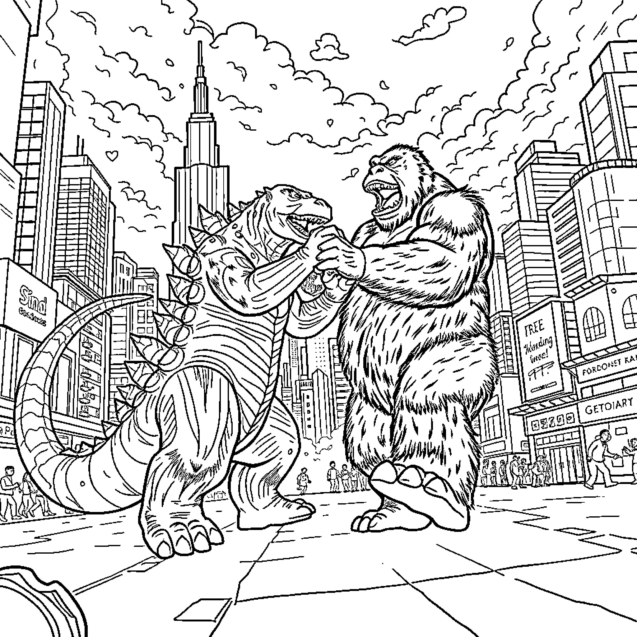 Godzilla and King Kong battling in the city Coloring Page (free black-and-white line drawing printable PDF for all, from beginners to advanced learners, including children, teens, adults, and seniors)