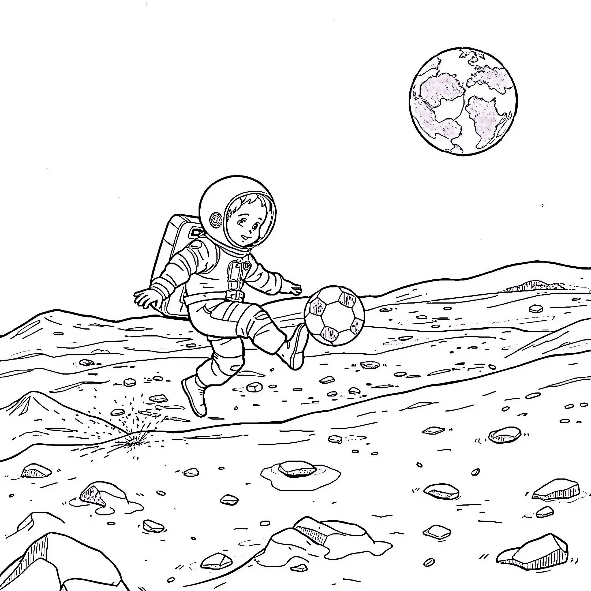 Boy astronaut playing soccer on the moon Coloring Page (free black-and-white line drawing printable PDF for all, from beginners to advanced learners, including children, teens, adults, and seniors)