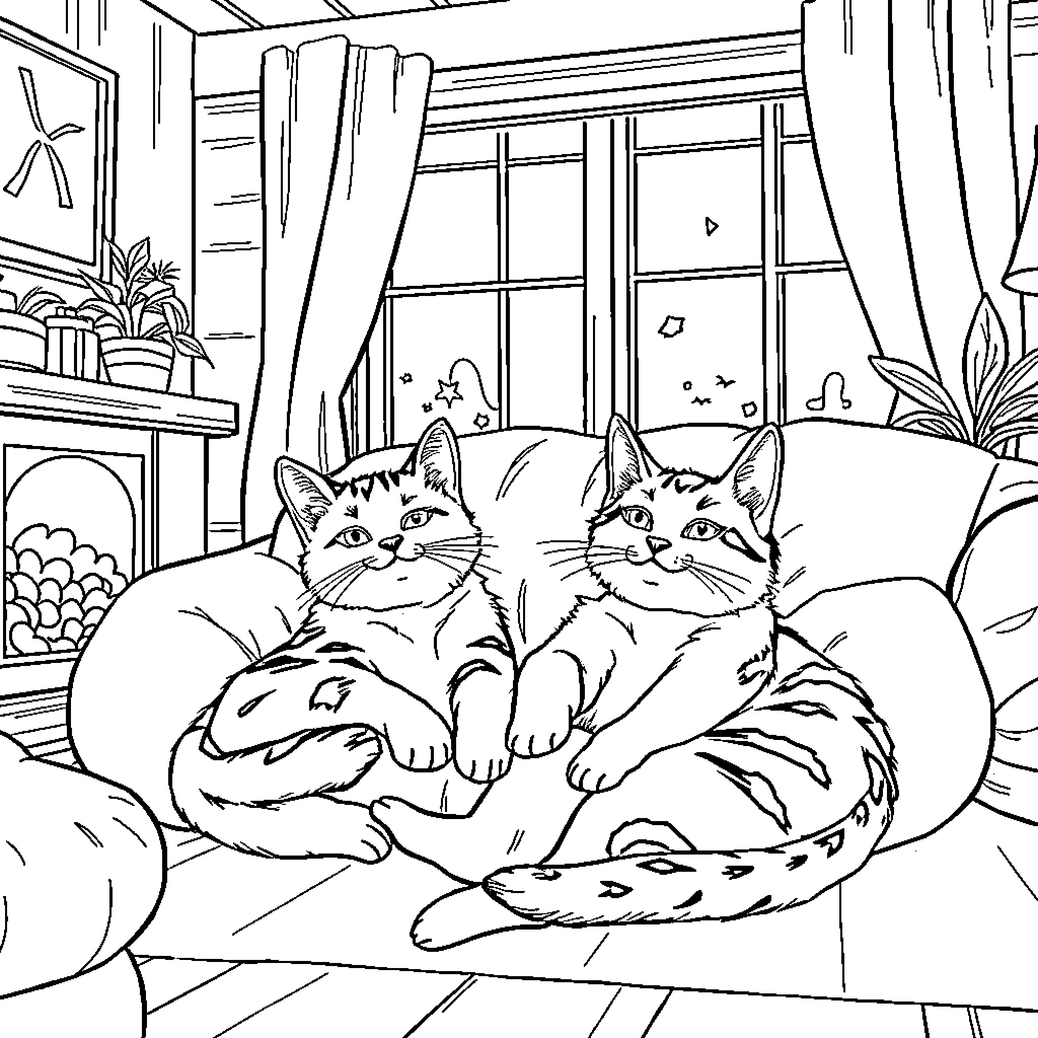 Cat Cozy Companions Lounging Indoors Coloring Page (free black-and-white line drawing printable PDF for all, from beginners to advanced learners, including children, teens, adults, and seniors)