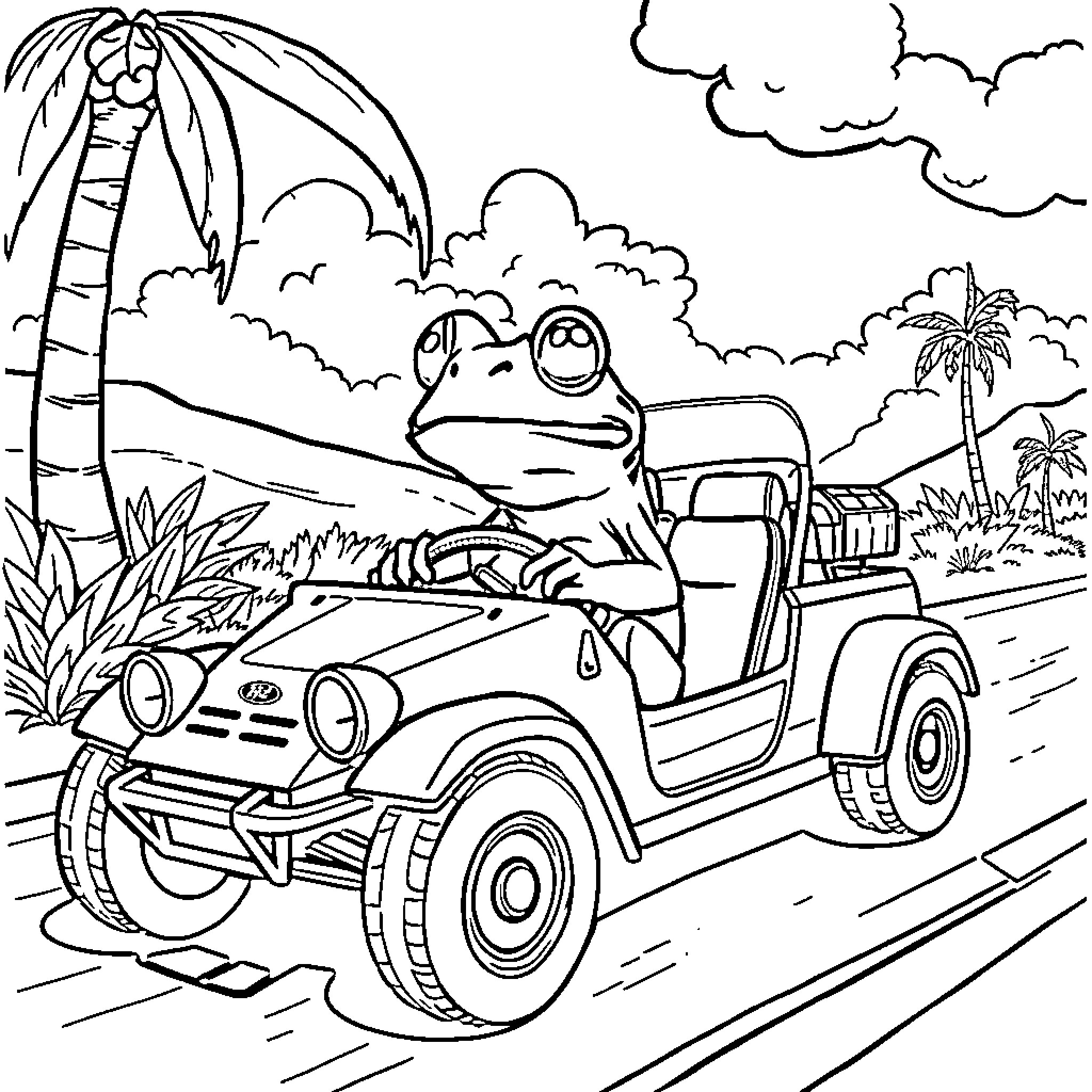 Coqui frog driving jeep through tropical landscape Coloring Page (free black-and-white line drawing printable PDF for all, from beginners to advanced learners, including children, teens, adults, and seniors)