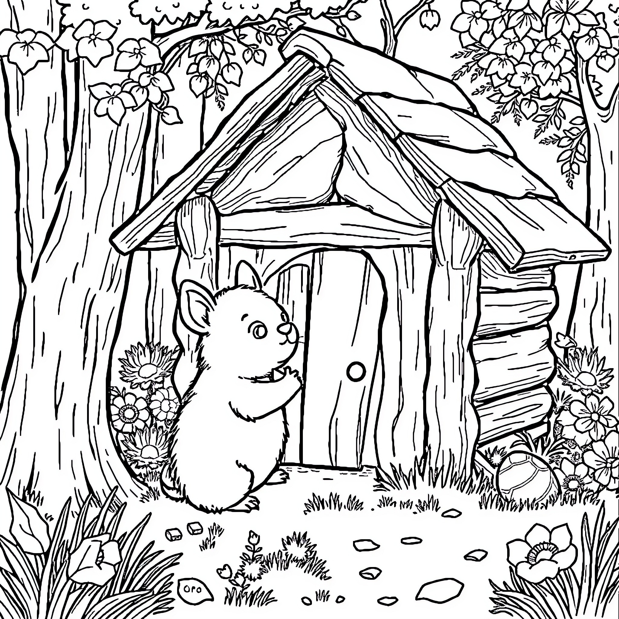Hedgehog exploring the enchanted woodland cottage Coloring Page (free black-and-white line drawing printable PDF for all, from beginners to advanced learners, including children, teens, adults, and seniors)