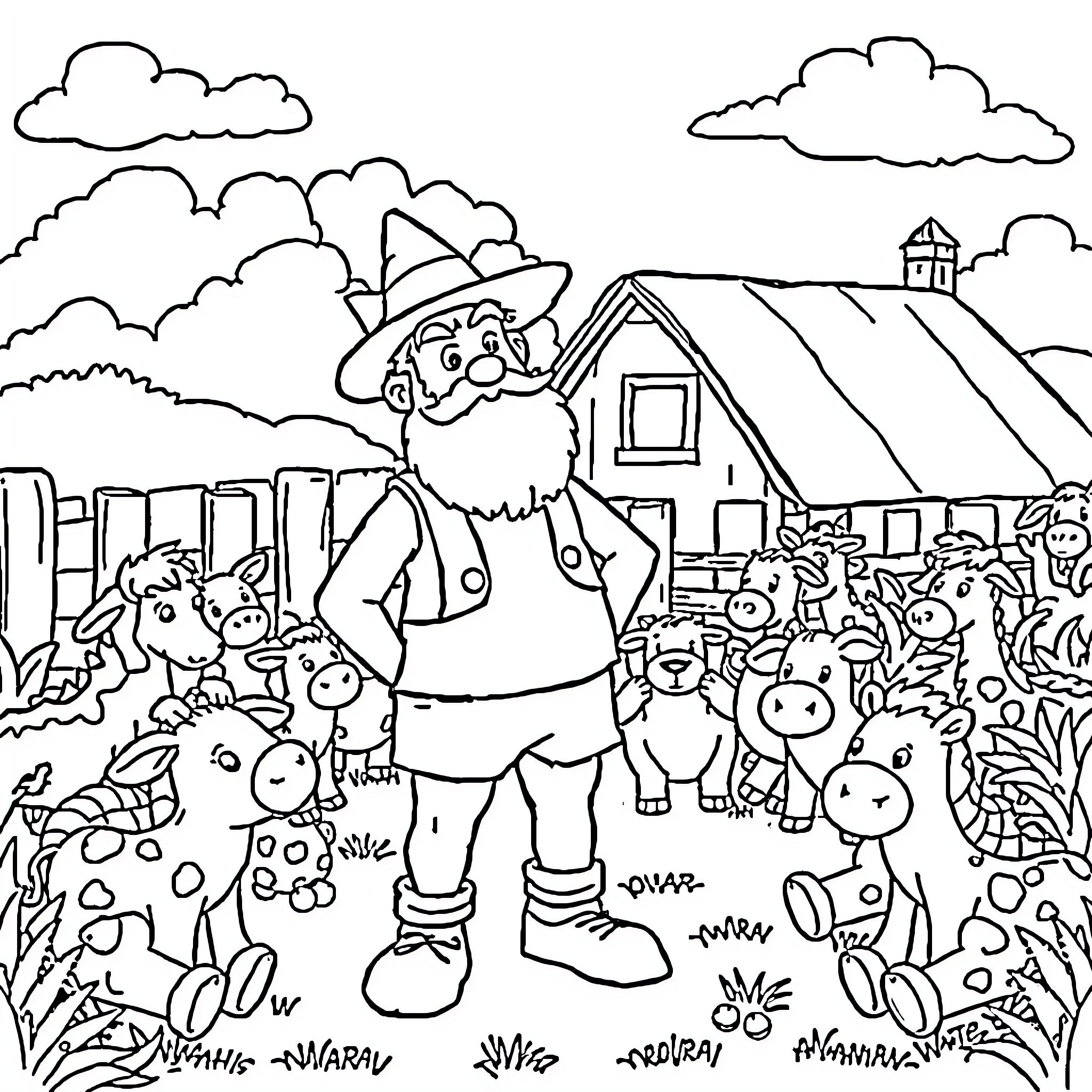 Stuffed Animal Friends Explore the Farm Coloring Page (free black-and-white line drawing printable PDF for all, from beginners to advanced learners, including children, teens, adults, and seniors)