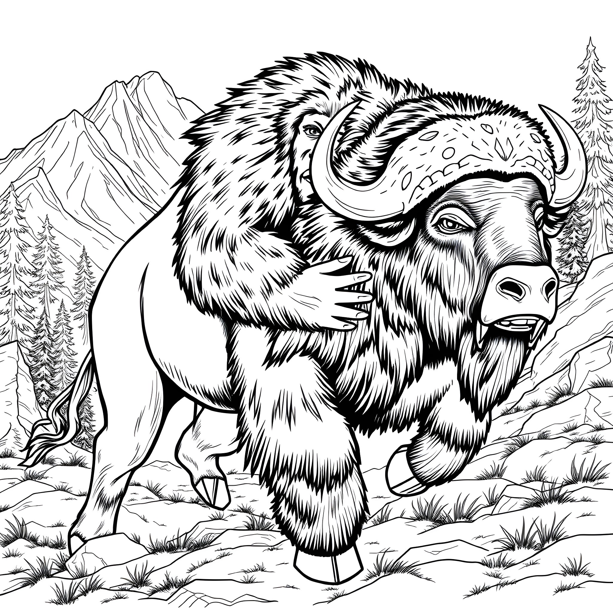 Sasquatch roaming through the snowy mountains Coloring Page (free black-and-white line drawing printable PDF for all, from beginners to advanced learners, including children, teens, adults, and seniors)