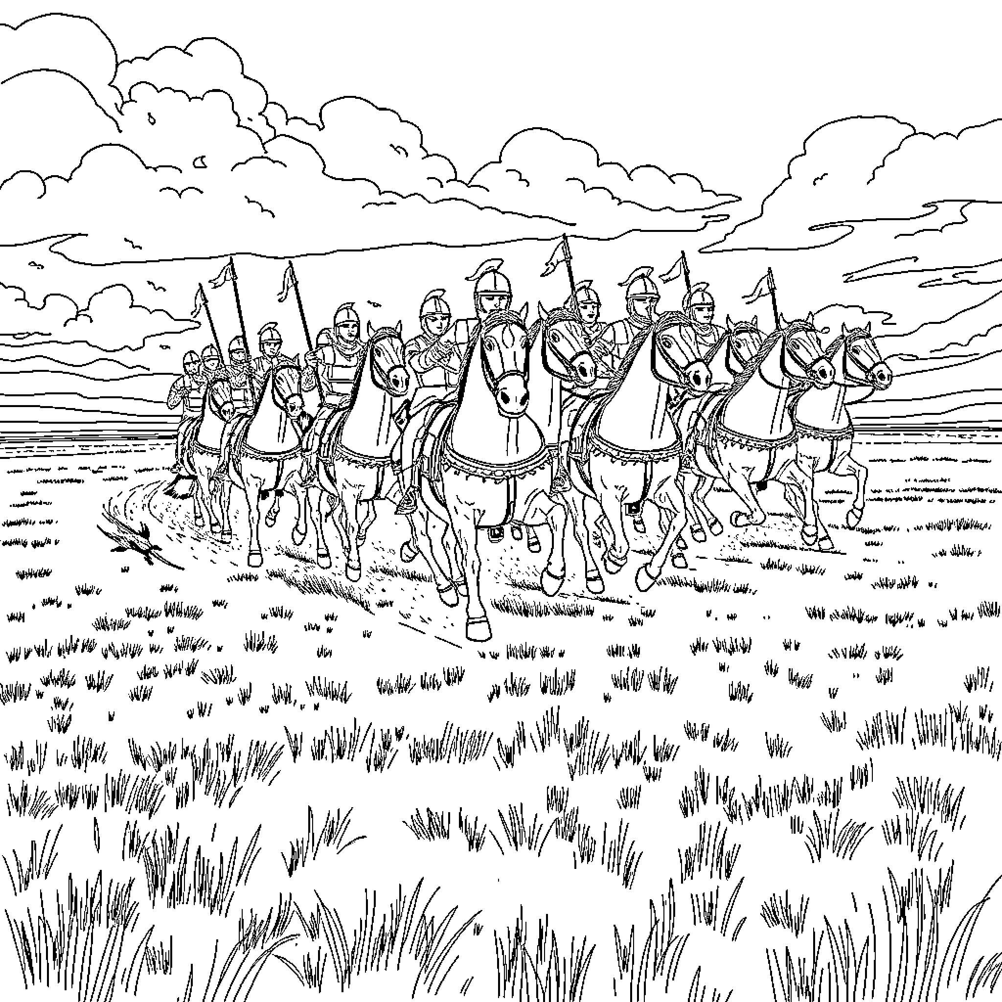 Cavalry troops marching in military formation Coloring Page (free black-and-white line drawing printable PDF for all, from beginners to advanced learners, including children, teens, adults, and seniors)