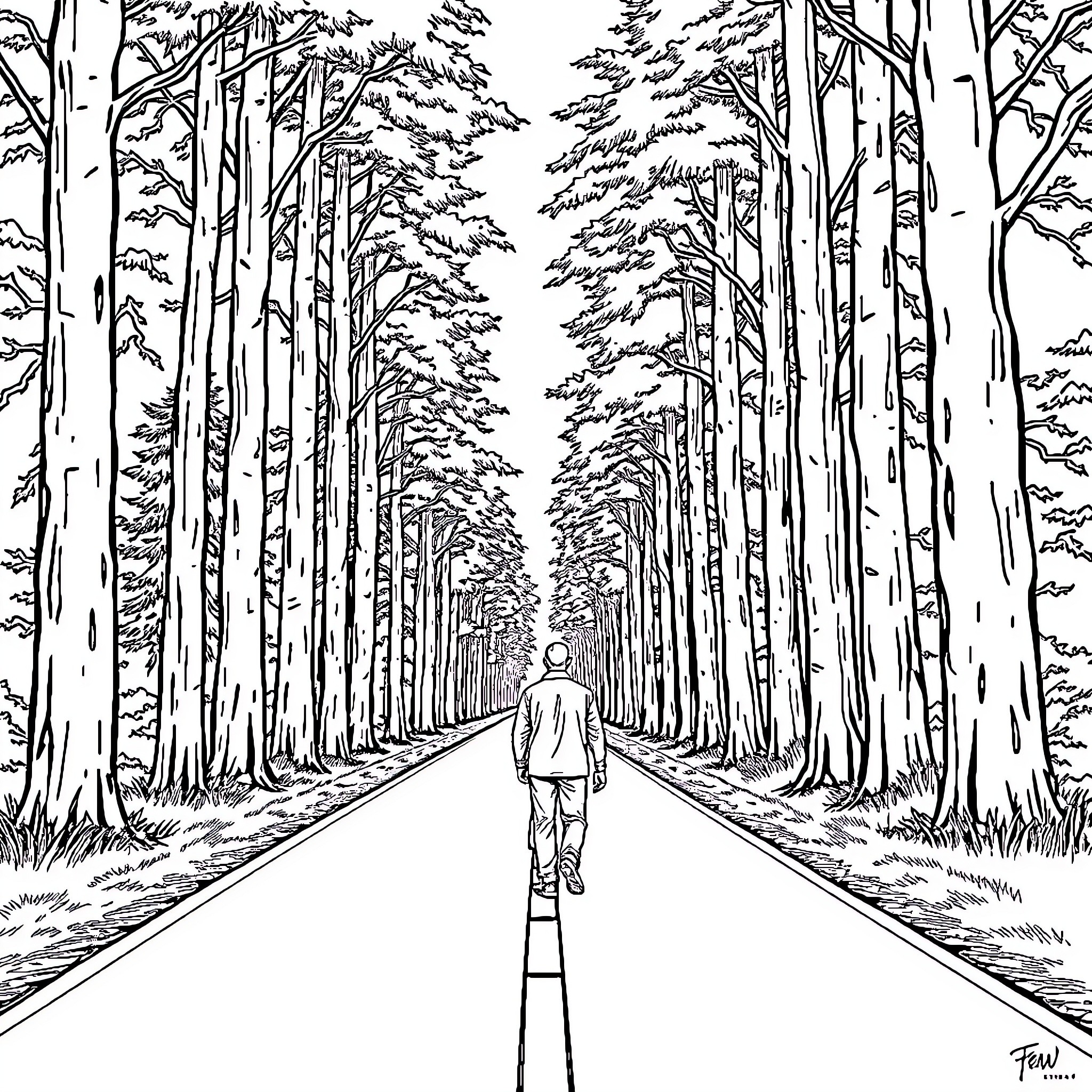 Man walking alone through a dense forest path Coloring Page (free black-and-white line drawing printable PDF for all, from beginners to advanced learners, including children, teens, adults, and seniors)