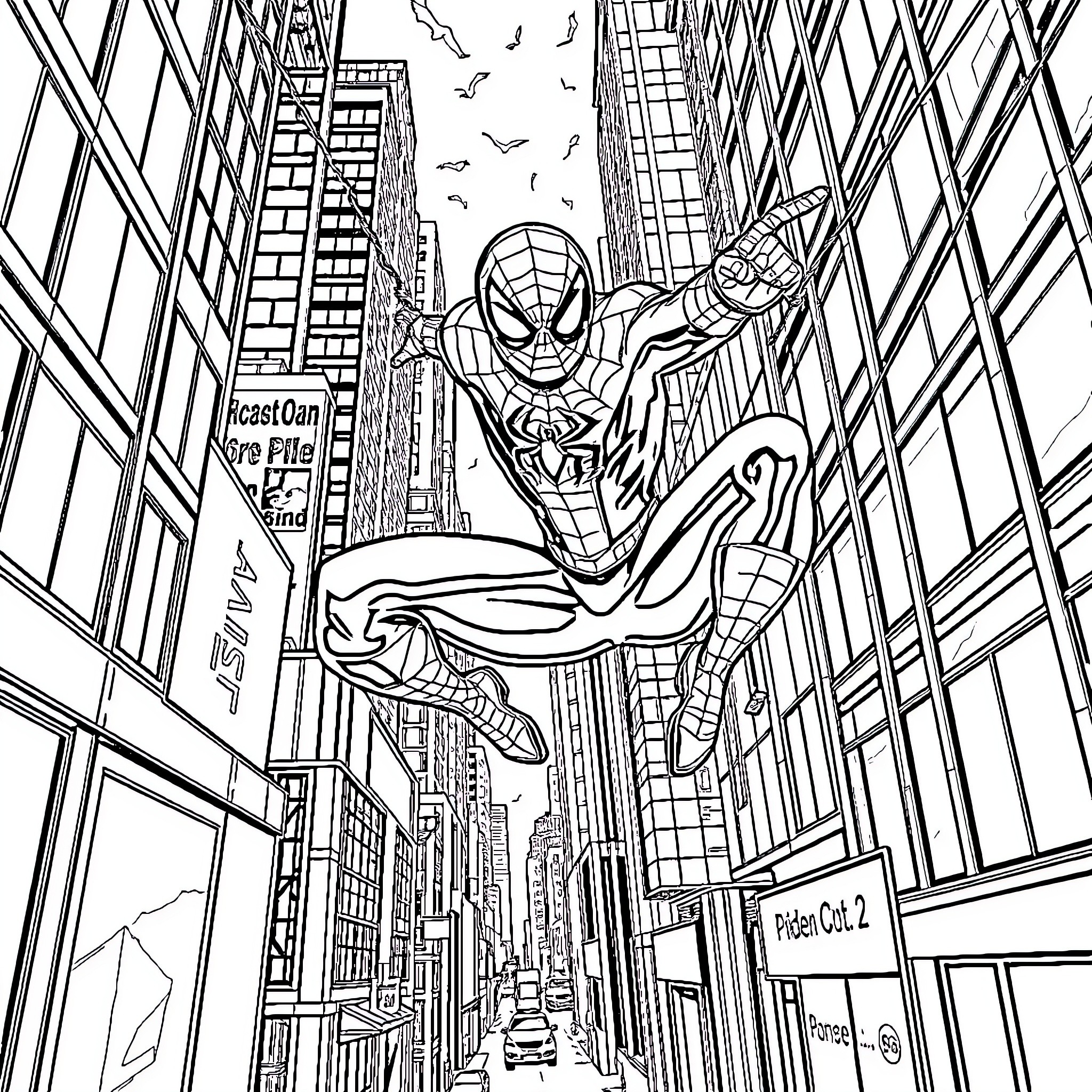Spiderman swinging through the busy city streets Coloring Page (free black-and-white line drawing printable PDF for all, from beginners to advanced learners, including children, teens, adults, and seniors)