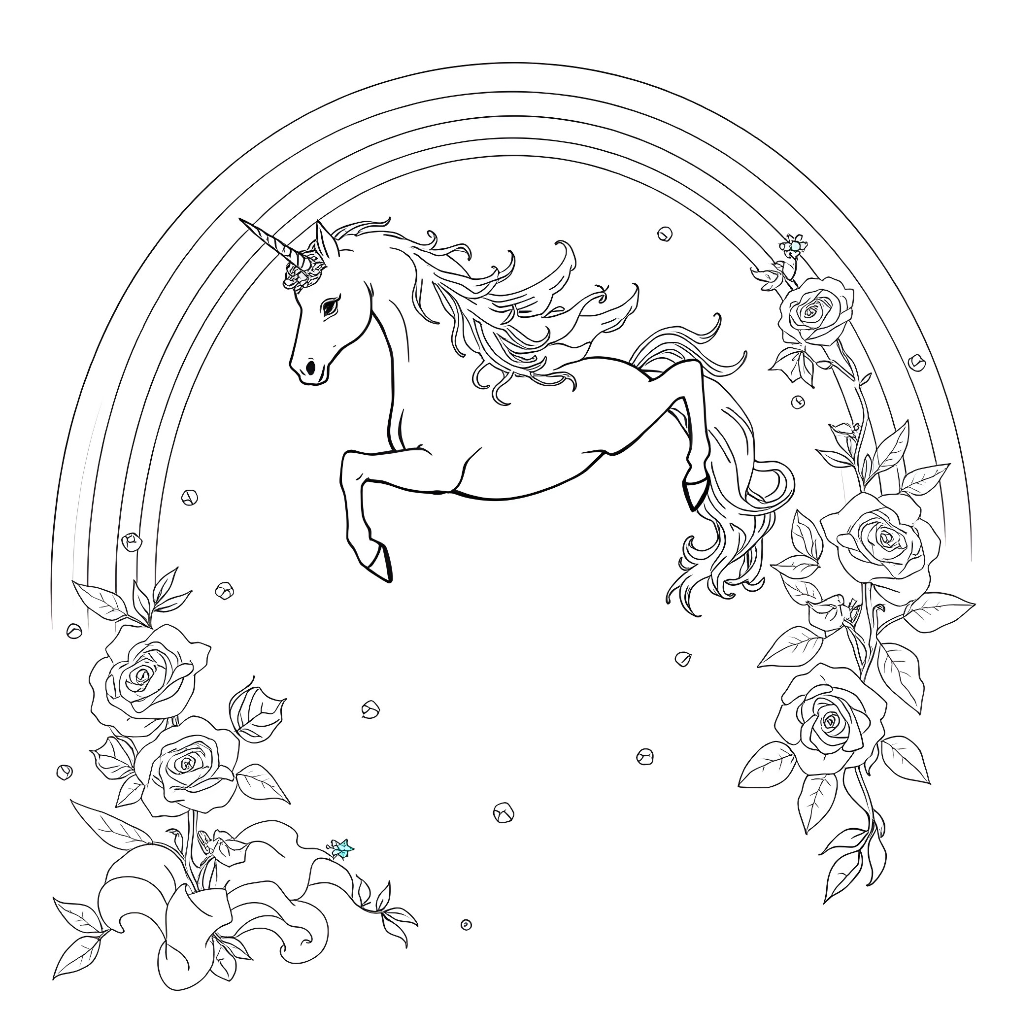 Unicorn jumping amidst floral and sparkly elements Coloring Page (free black-and-white line drawing printable PDF for all, from beginners to advanced learners, including children, teens, adults, and seniors)
