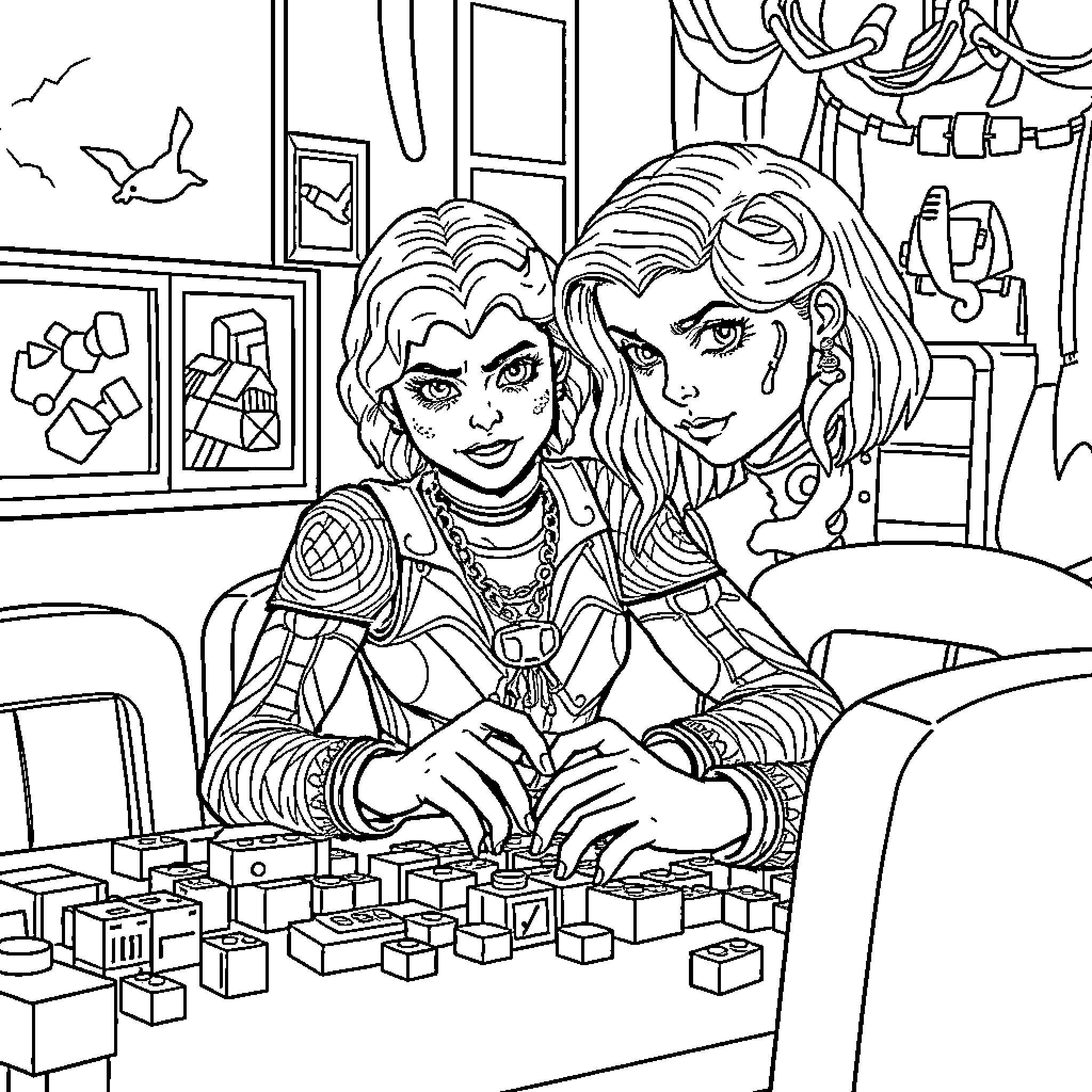 Vecna's Enigmatic Encounter: Two Figures Engage in Strategic Contemplation Coloring Page (free black-and-white line drawing printable PDF for all, from beginners to advanced learners, including children, teens, adults, and seniors)