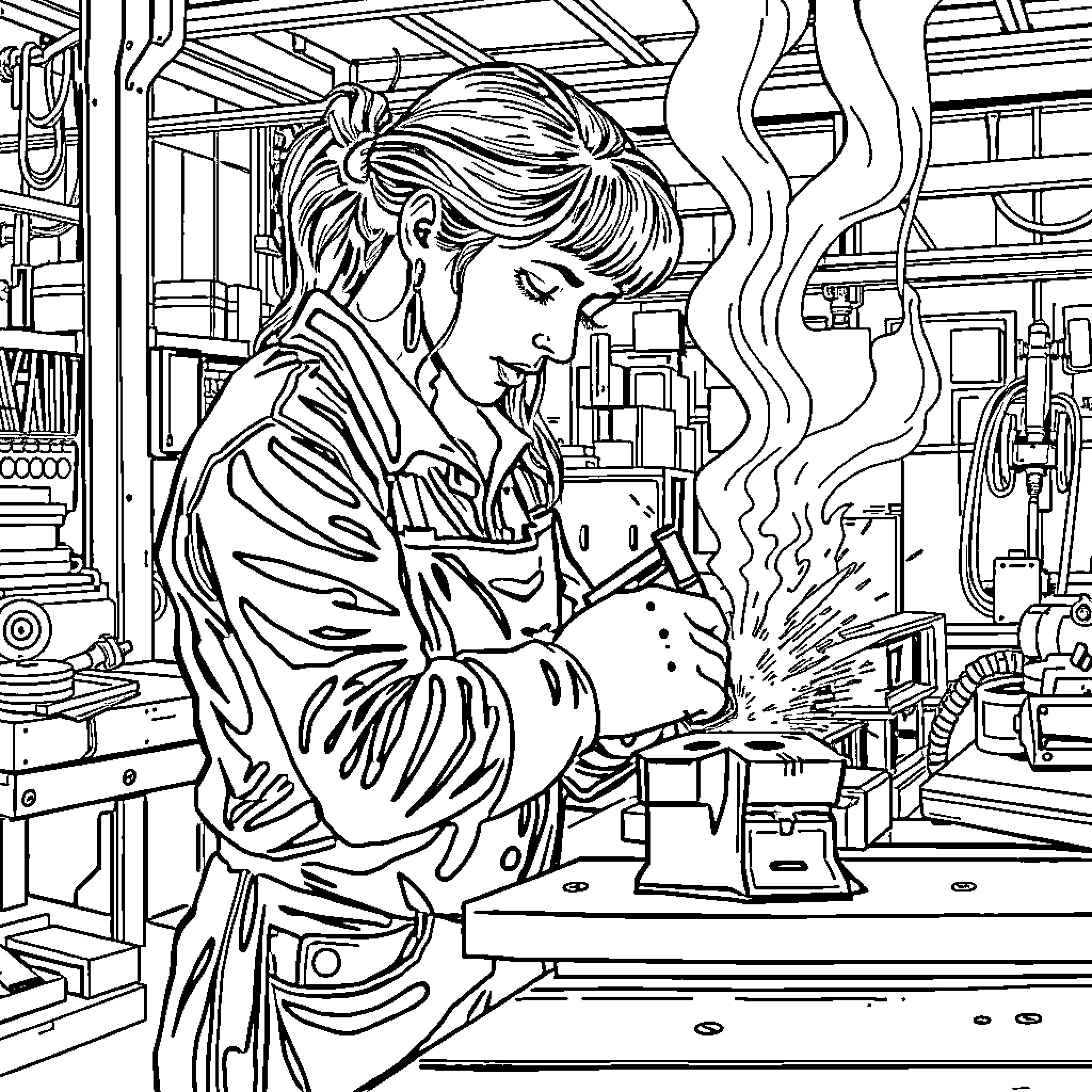 Woman working diligently in a workshop Coloring Page (free black-and-white line drawing printable PDF for all, from beginners to advanced learners, including children, teens, adults, and seniors)