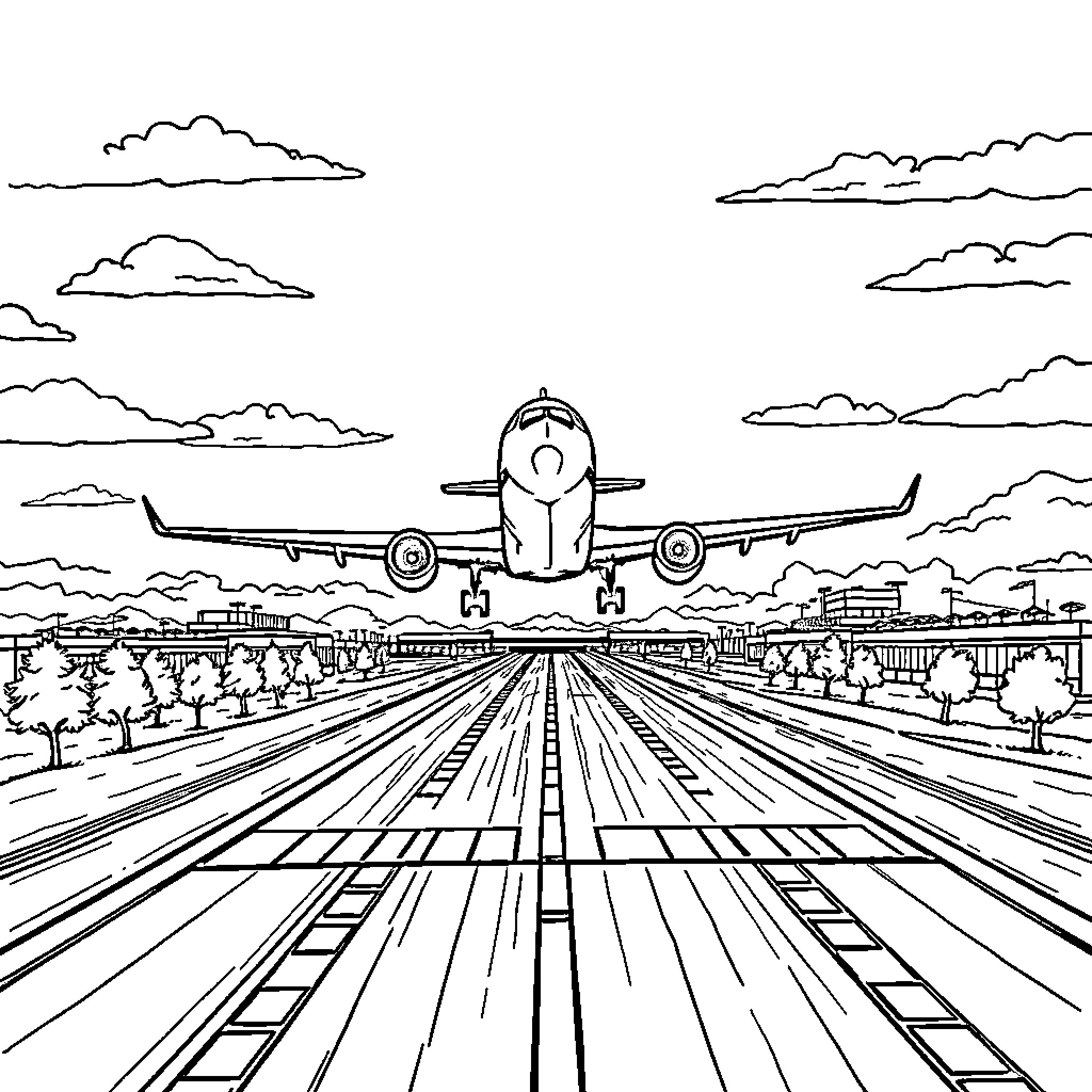 Airplane taking off on a runway Coloring Page (free black-and-white line drawing printable PDF for all, from beginners to advanced learners, including children, teens, adults, and seniors)