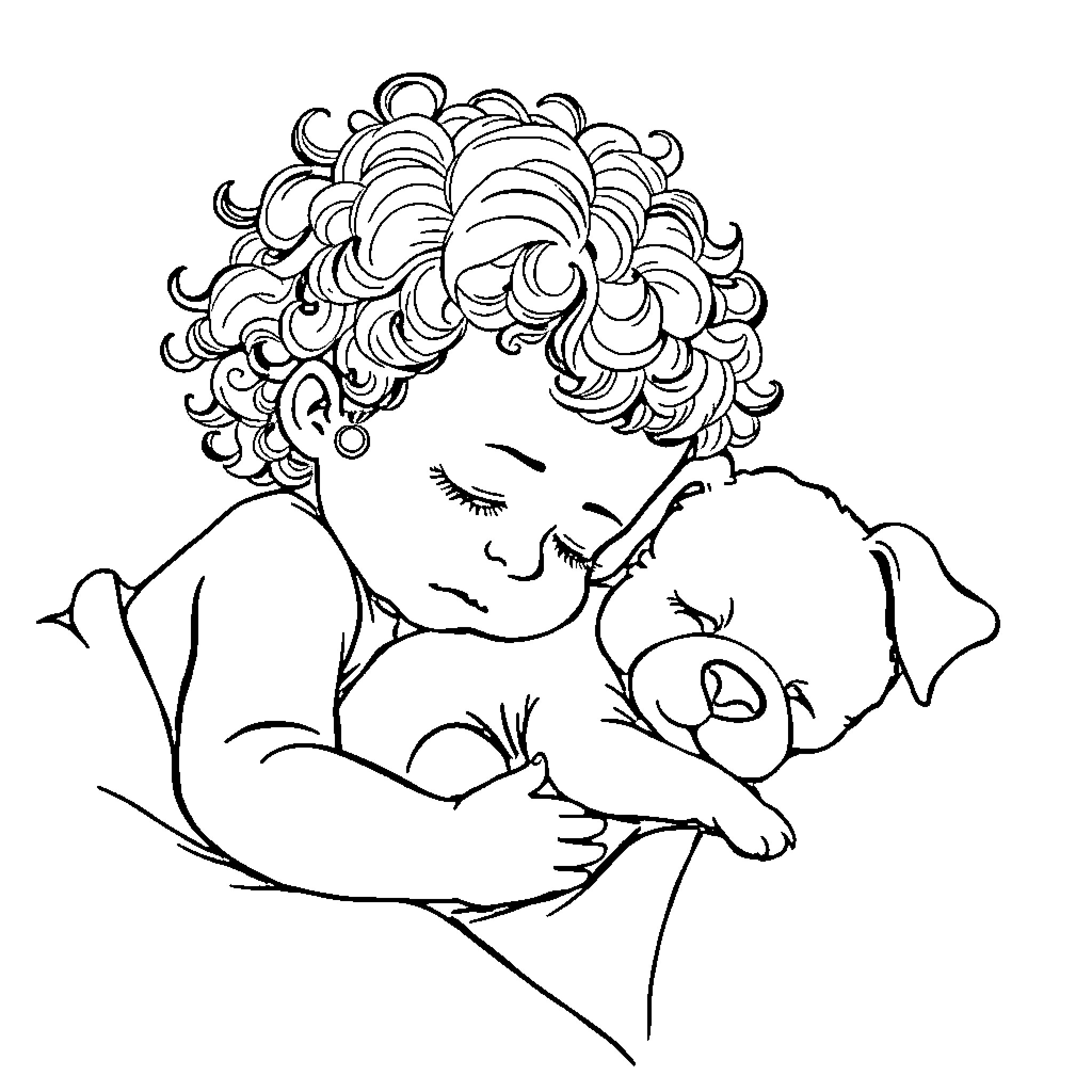 Baby Sleeping Peacefully with Stuffed Animal Coloring Page (free black-and-white line drawing printable PDF for all, from beginners to advanced learners, including children, teens, adults, and seniors)
