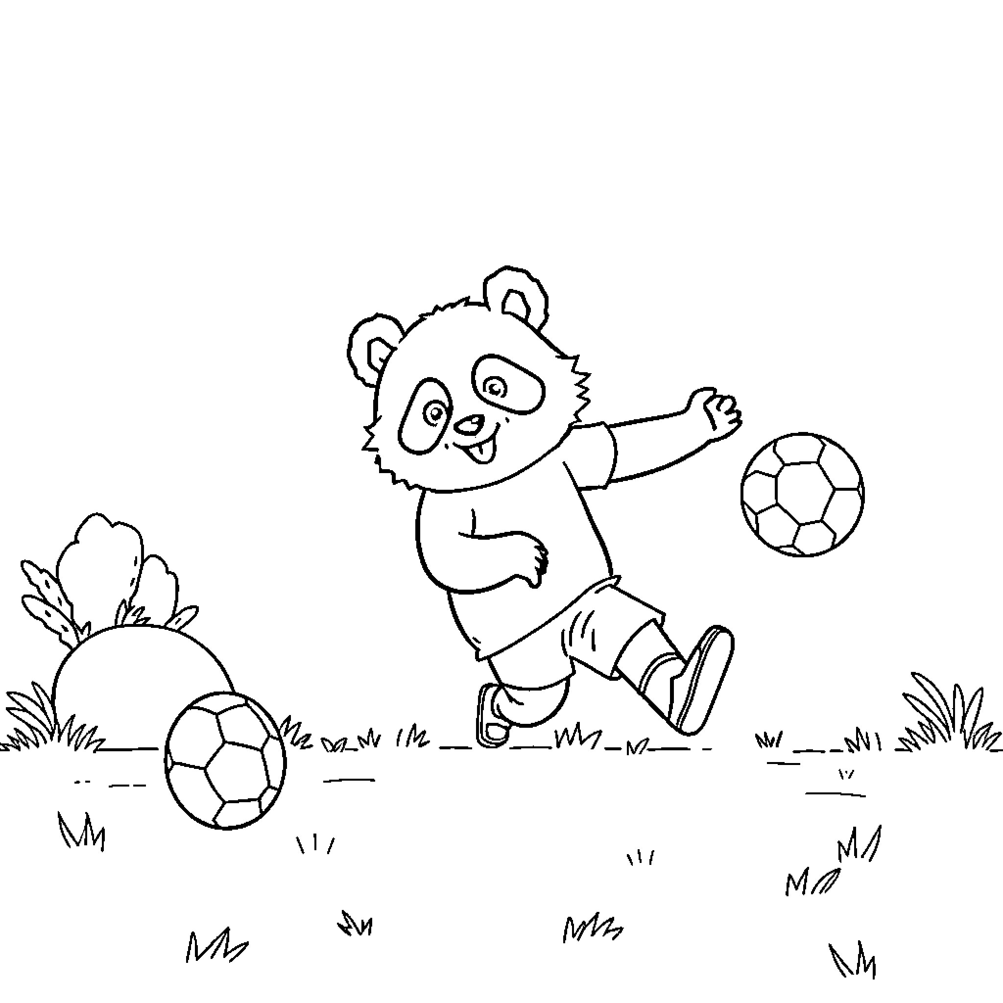 Panda playing with soccer balls in a field Coloring Page (free black-and-white line drawing printable PDF for all, from beginners to advanced learners, including children, teens, adults, and seniors)