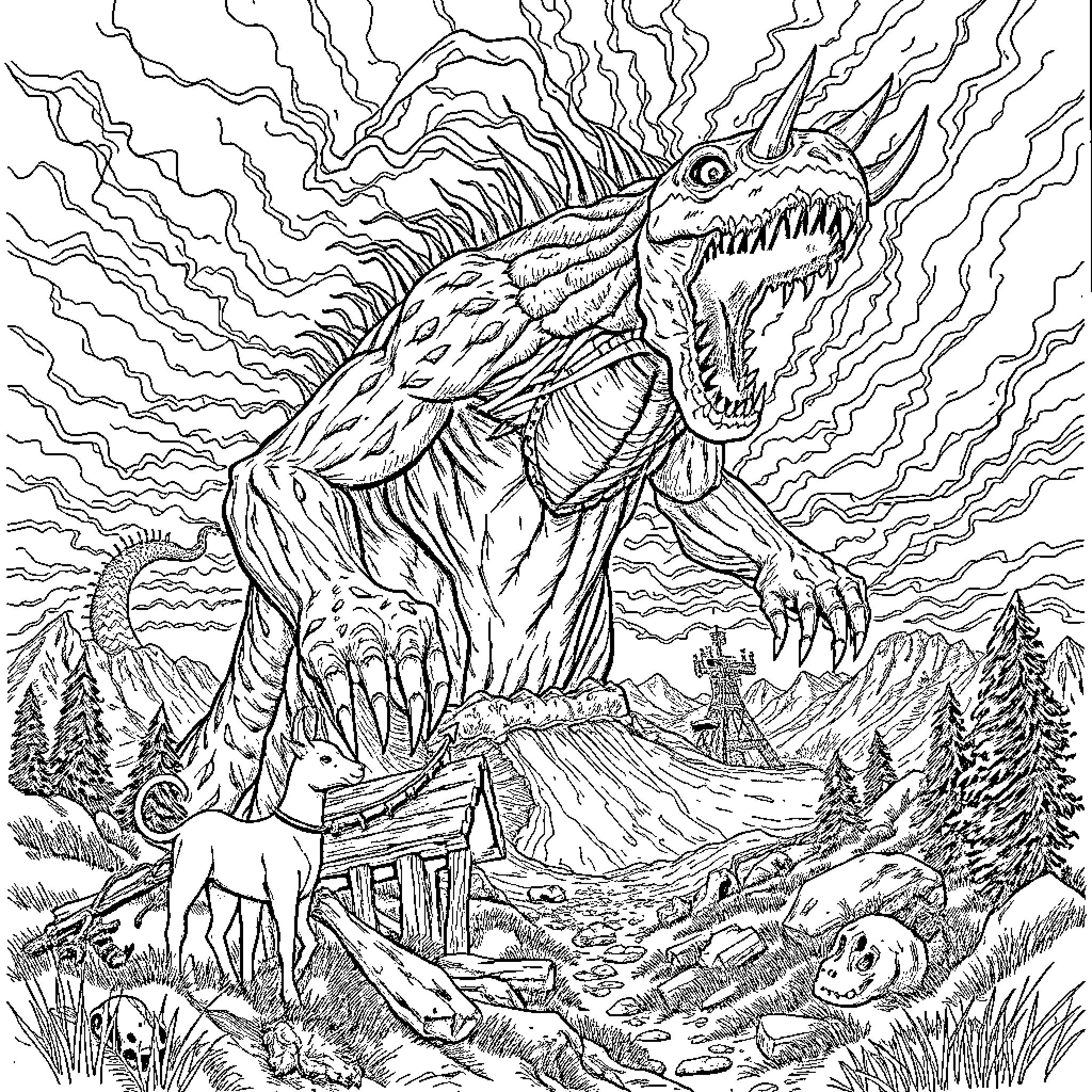 Witherstorm - Colossal Mythical Creature Unleashes Havoc Coloring Page (free black-and-white line drawing printable PDF for all, from beginners to advanced learners, including children, teens, adults, and seniors)