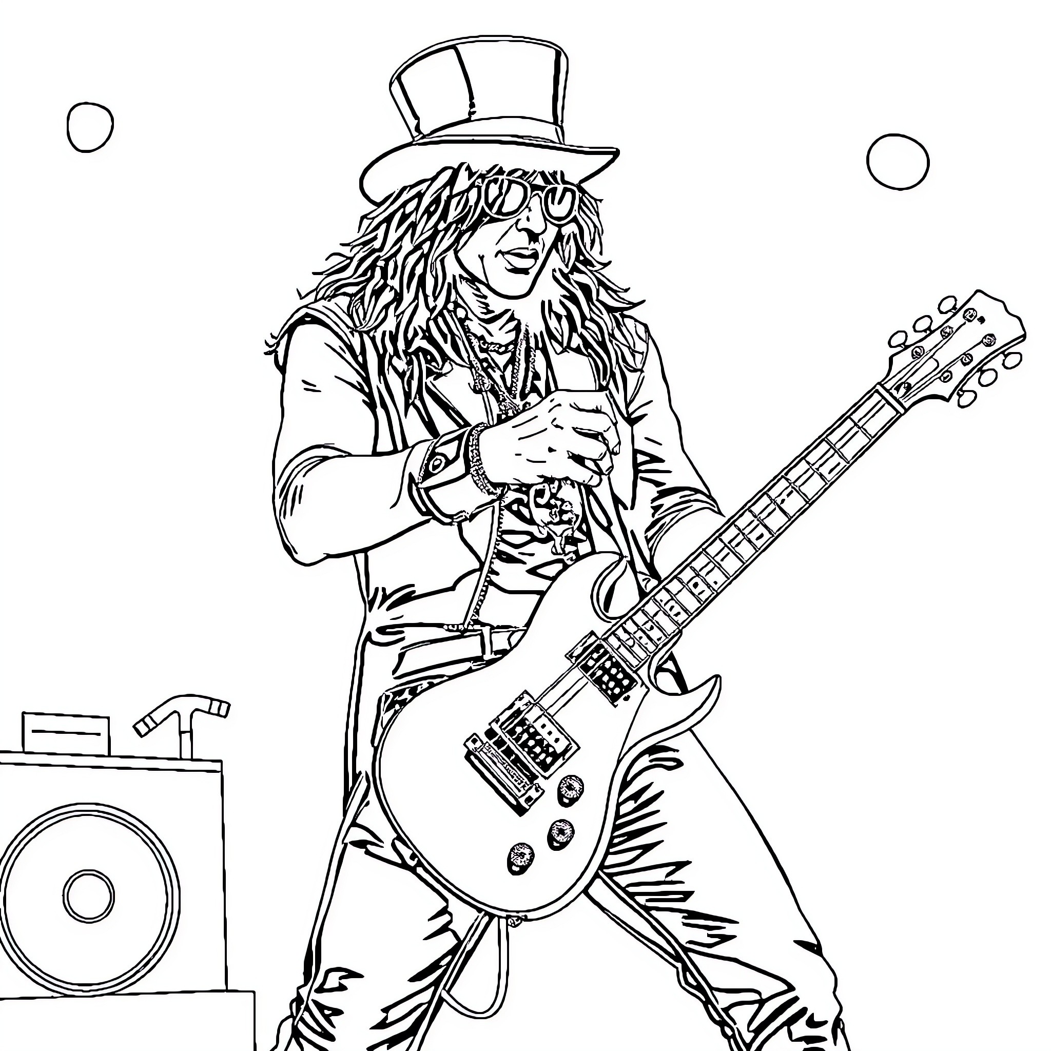 Slash Rocking Out on Stage with Guitar Coloring Page (free black-and-white line drawing printable PDF for all, from beginners to advanced learners, including children, teens, adults, and seniors)