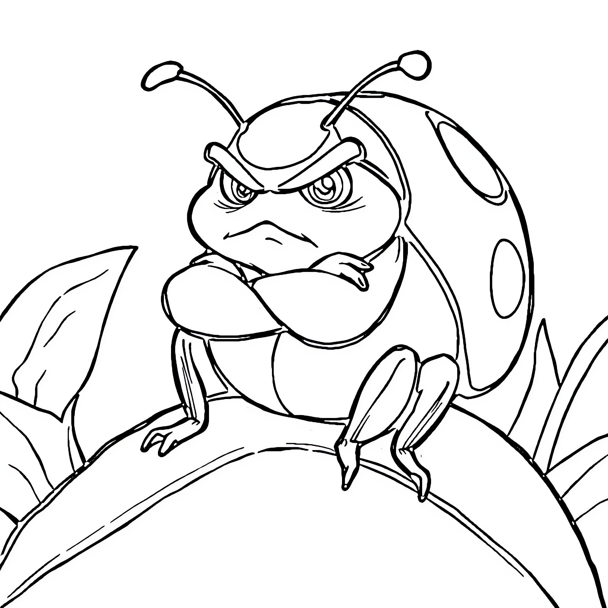 Ladybug angrily guarding its territory Coloring Page (free black-and-white line drawing printable PDF for all, from beginners to advanced learners, including children, teens, adults, and seniors)