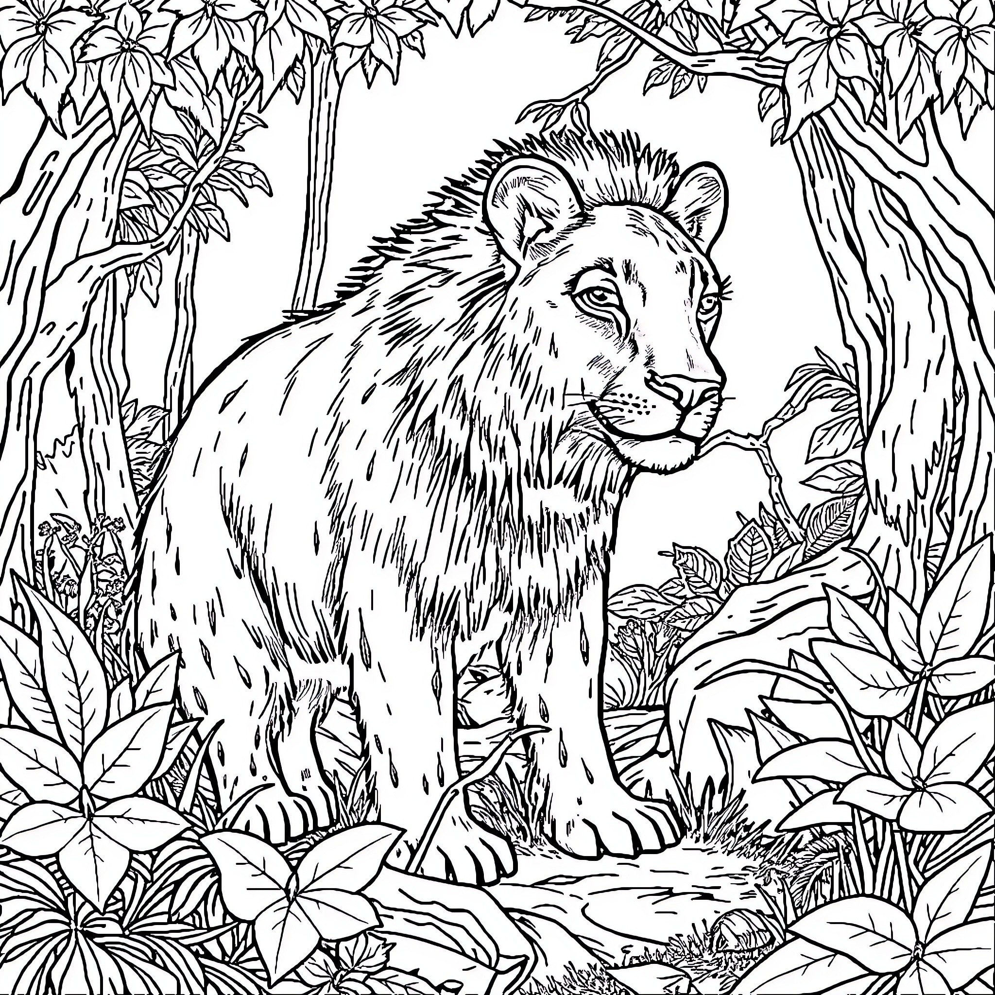 Animal in lush forest scene Coloring Page (free black-and-white line drawing printable PDF for all, from beginners to advanced learners, including children, teens, adults, and seniors)