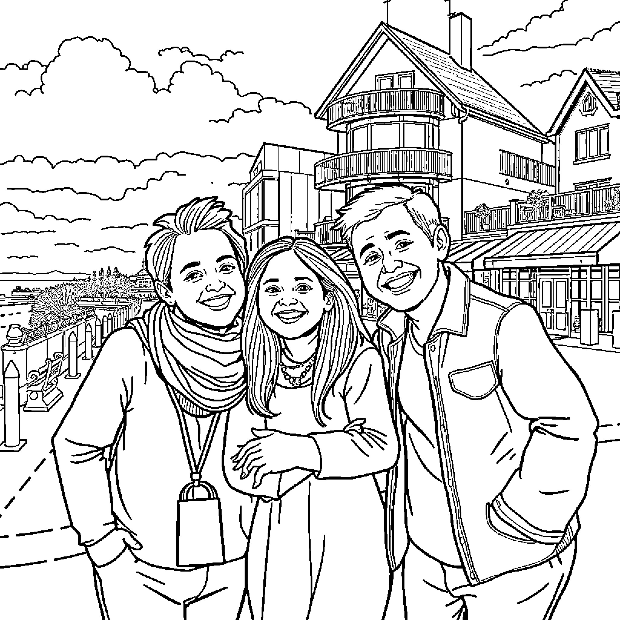Family exploring the charming town together Coloring Page (free black-and-white line drawing printable PDF for all, from beginners to advanced learners, including children, teens, adults, and seniors)